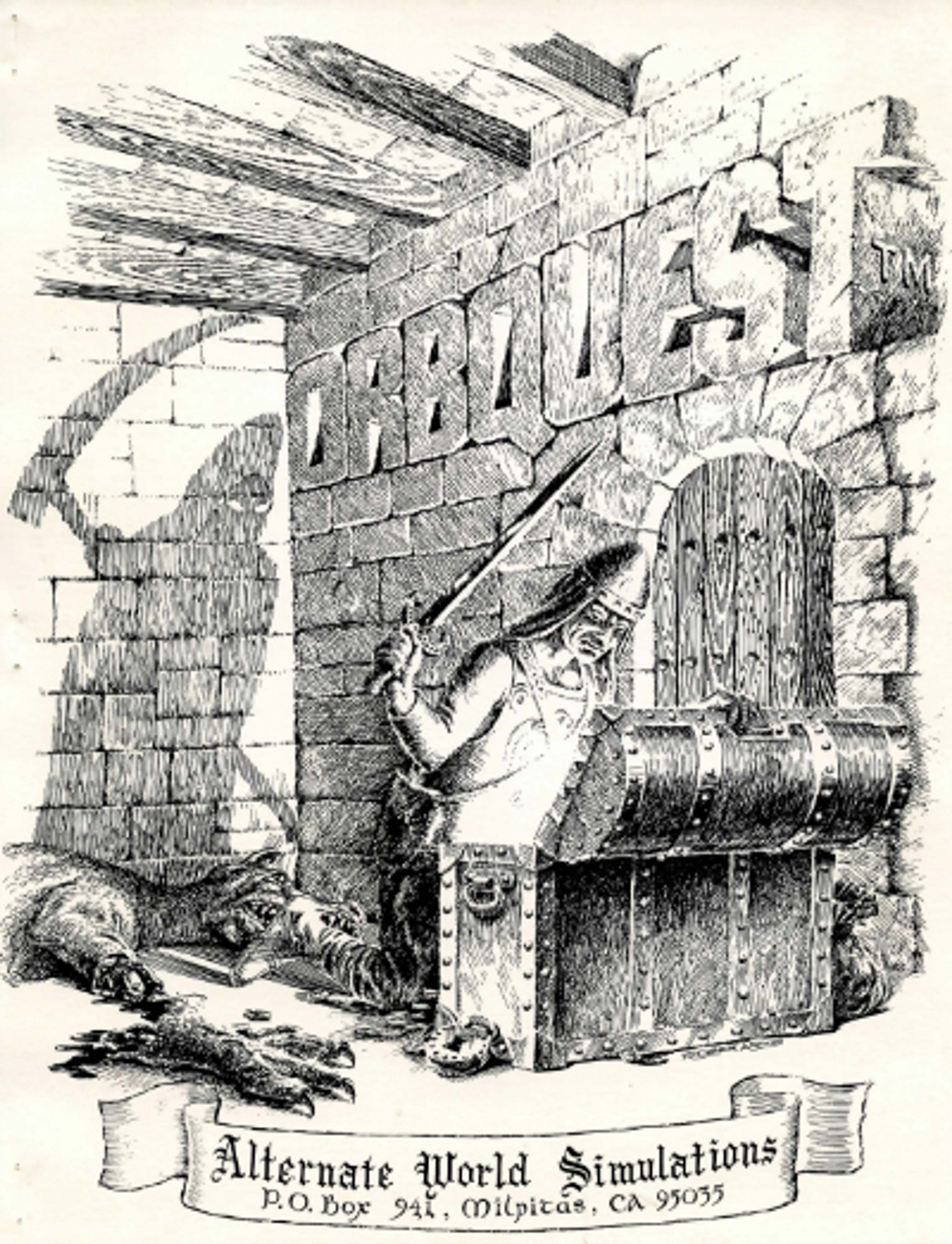 detailed illustration:
an armored dungeon explorer, sword raised, standing in front of an open chest, its insides glowing. his shadow is cast on the brick wall behind him, however it resembles hooded death, holding a scythe. a slain creature, its claw severed from its body, lays behind him. a wooden door is in the wall to his side and above it the title font is stone letters as part of that wall.