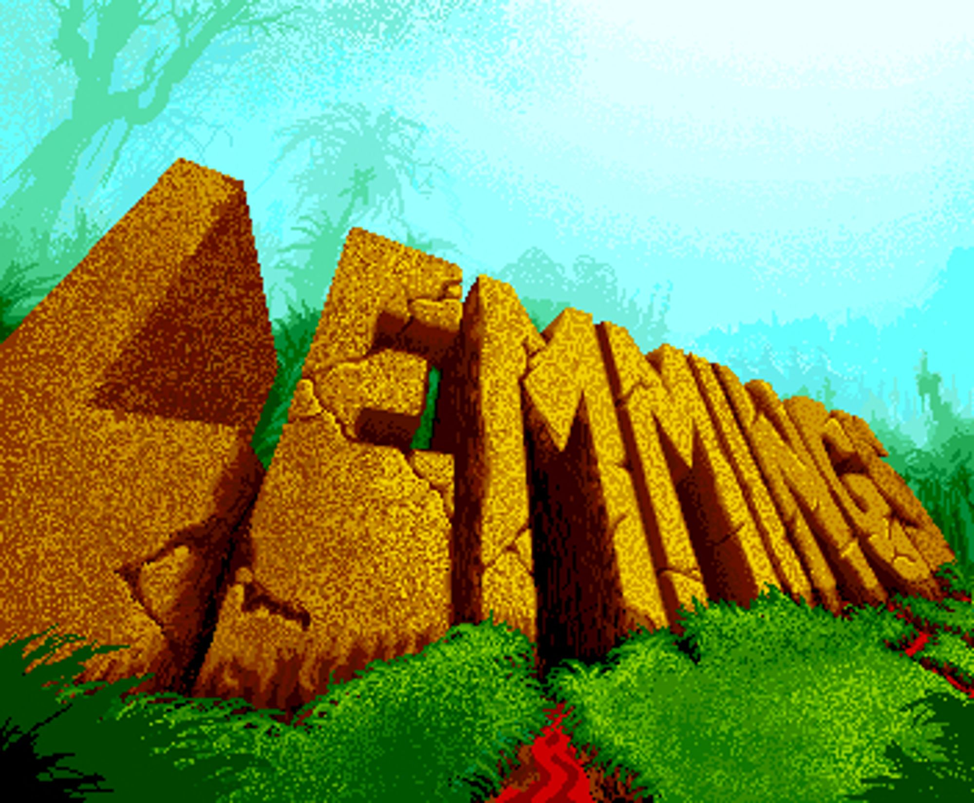 graphics: 'lemmings' in a towering cracking concrete font within greenery. a small river of red runs underneath the first 'm'. another river of red is running further down. background is greenery shrouded in mist.