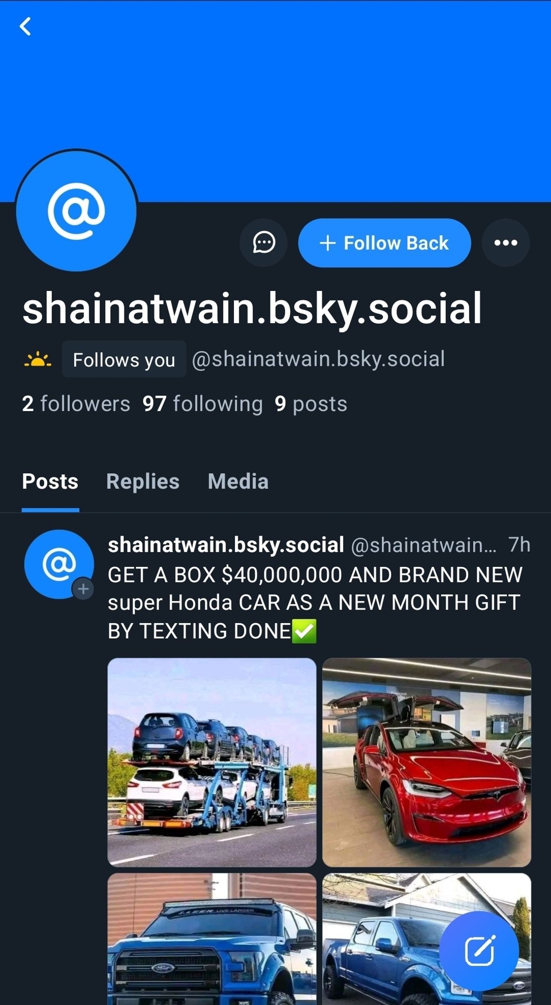 Spam account shainatwain.bsky.social posting scam competitions