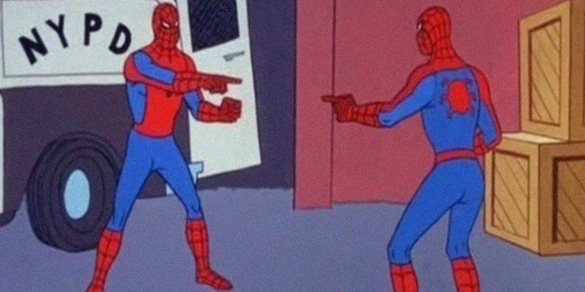 Two Spidermen pointing at each other meme.