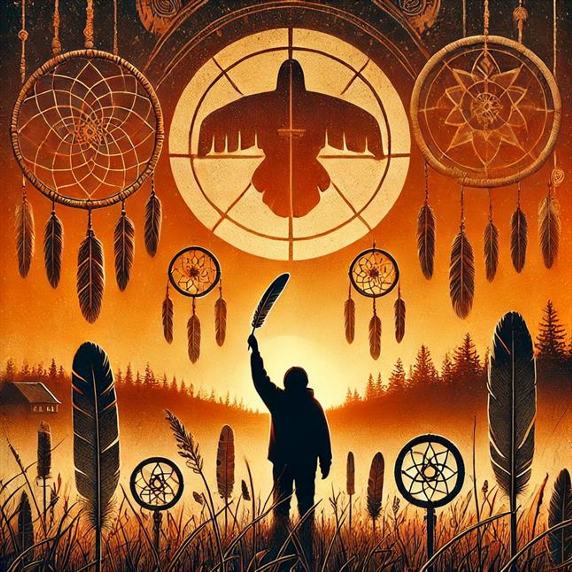 An orange sunset casts a warm glow over a field with Indigenous cultural symbols, including dreamcatchers, feathers, and moccasins on the ground. In the foreground, a silhouette of a person raises a feather toward the sky in a gesture of respect. A faded turtle symbol is visible in the sky, representing Indigenous traditions. The scene evokes healing, reflection, and solidarity.