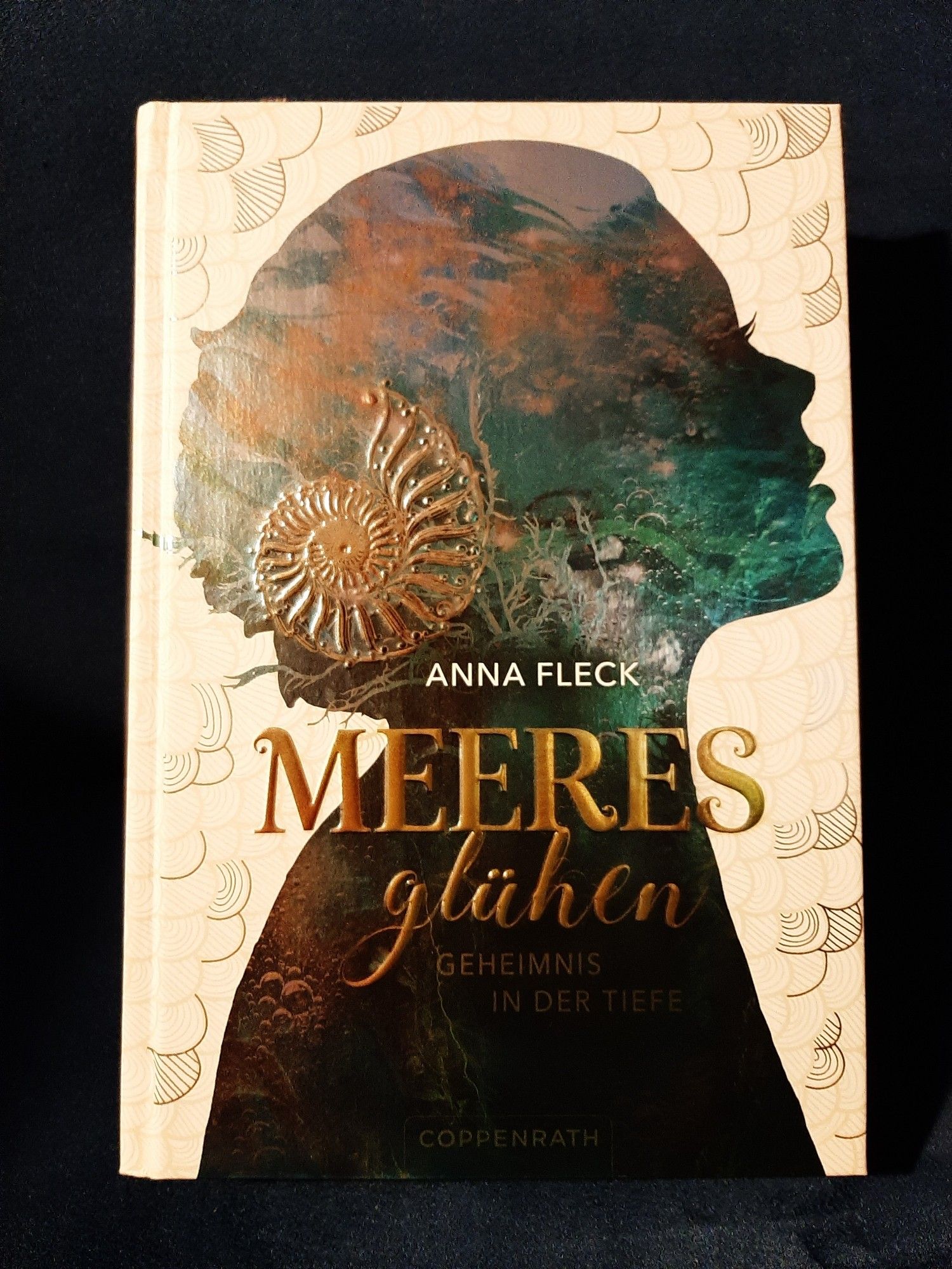 Cover vom Buch "Meeresglühen - Geheimnis in der Tiefe" von Anna Fleck. 
Abgebildet ist die Silhouette. Man sieht einen Teil des Oberkörpers und den Kopf.
Die Silhouette schillert und enthält Elemente, die ans Meer erinnern und hat außerdem eine meergrüne Farbe.