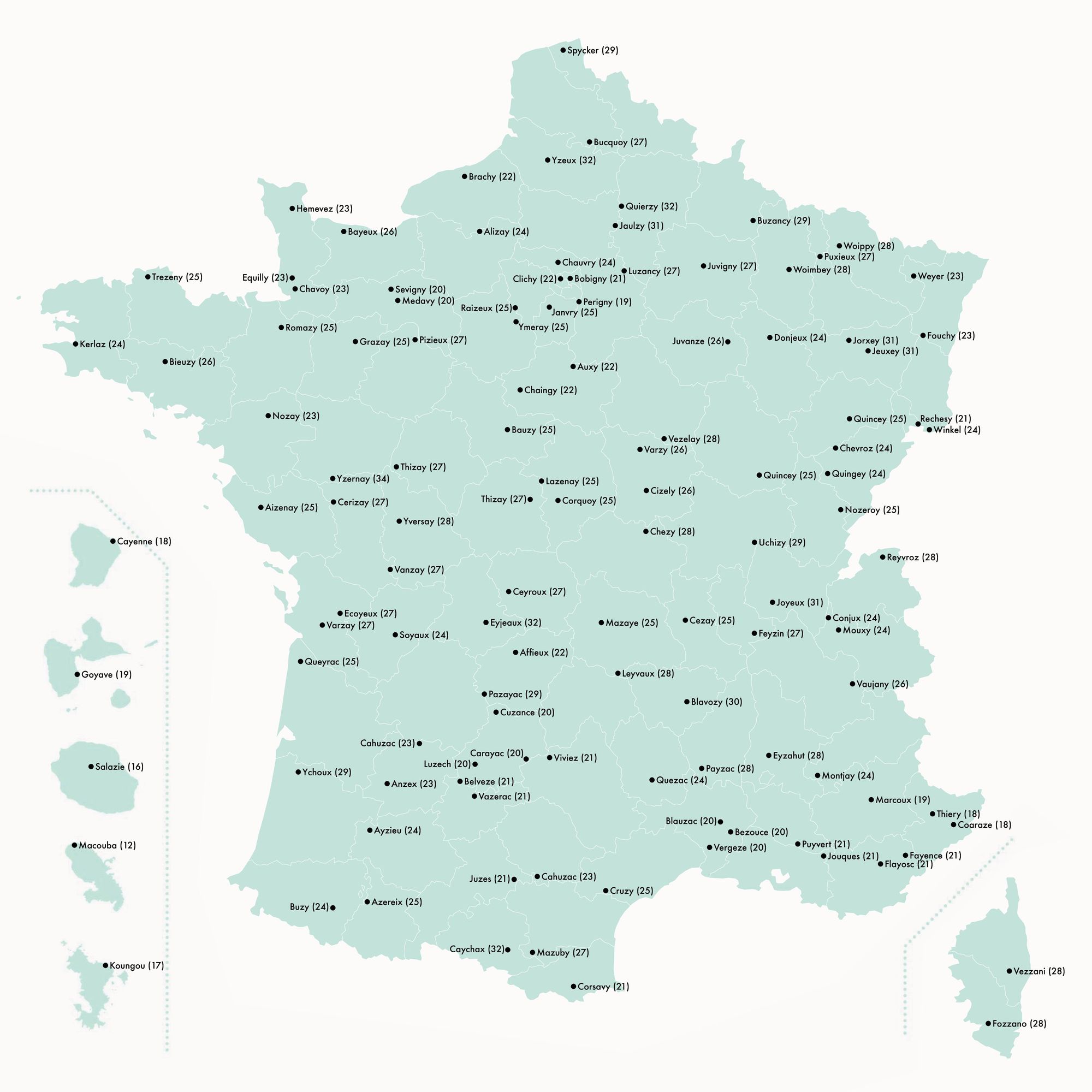 La carte de France des communes valant le plus de points au Scrabble par département