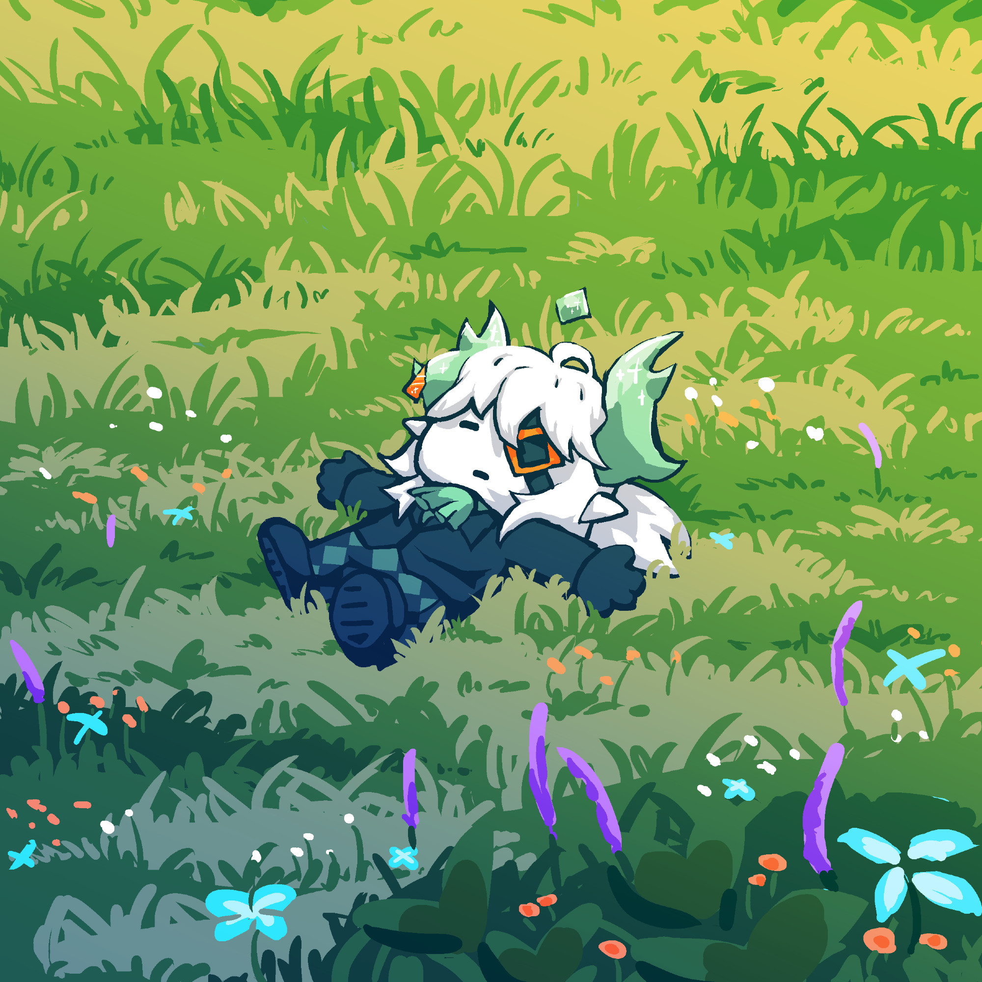 chibi of medkit from phighting lying in a grassy field with flowers. he isn't smiling but he looks peaceful and happy anyway