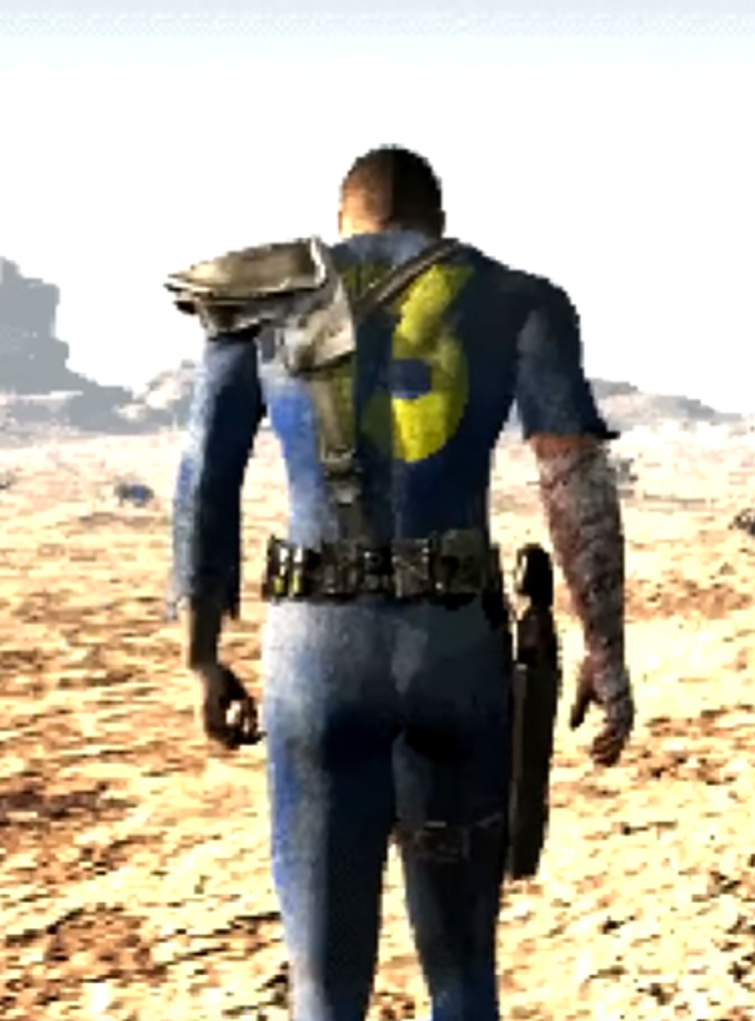 A still from the end of the original Fallout 1 videogame, showing the protagonist "Vault Dweller" walking off into the wasteland in a blue Vault 13 jumpsuit.