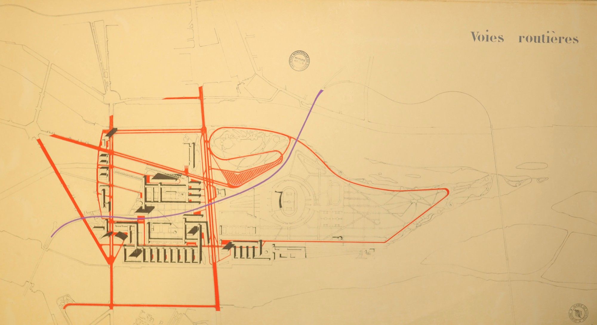 Plan des voies routières du projet
Cote : 1Fi3690 - Plan d'aménagement de l'île Beaulieu. (1954)

Analyse : Plan d'aménagement de l'île Beaulieu : voies routières.
Réalisé par M. Favraud le 15 juin 1954.

Auteur(s) : FAVRAUD (M.) [ Auteur ]
Type document : Plan
Technique : Imprimé couleur
Format : 42X78
Support : Papier
Etat matériel : Bon
Série : Fi - Documents Figurés
Sous-série : 1Fi - Cartes et plans depuis 1790 - Voir le fonds d'origine

Mode d'entrée : Versement
Réalisé en : 1954

Original Consultable : NON
Termes d'indexation :  - [Auteurs] FAVRAUD (M.), - [Lieux] BEAULIEU (île), - [Personnes] FAVRAUD (Marcel),
Période historique : 20e SIECLE

Archives de Nantes