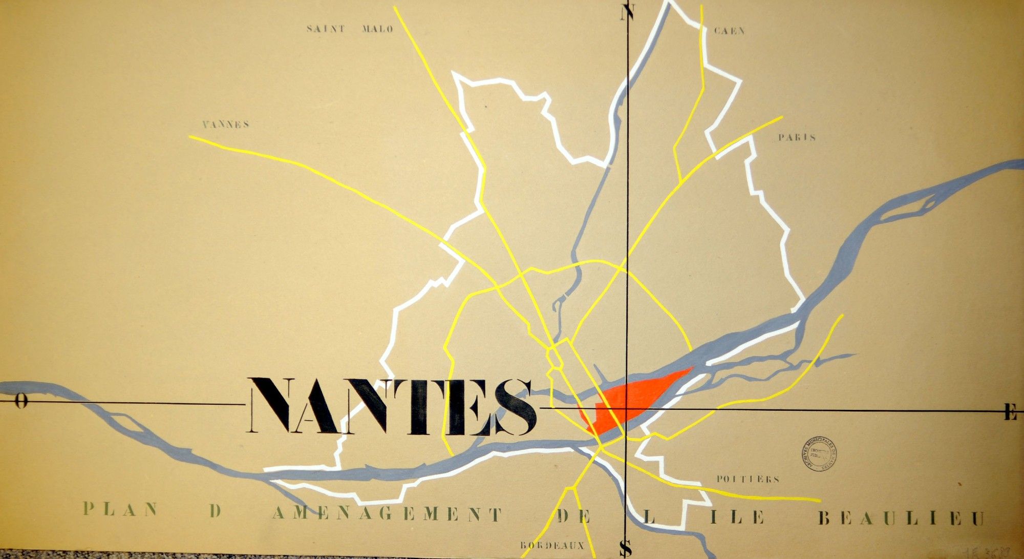 Nantes, Plan d'aménagement de l'Île de Beaulieu
Cote : 1Fi3688 - Plan d'aménagement de l'île Beaulieu (1954)
Analyse : Plan de situation de la zone d'aménagement de l'île Beaulieu.
Réalisé par M. Favraud le 15 juin 1954.

Auteur(s) : FAVRAUD (M.) [ Auteur ]
Type document : Plan
Technique : Imprimé couleur
Format : 42X78
Support : Papier
Etat matériel : Bon
Série : Fi - Documents Figurés
Sous-série : 1Fi - Cartes et plans depuis 1790 - Voir le fonds d'origine

Mode d'entrée : Versement
Réalisé en : 1954

Archives de Nantes