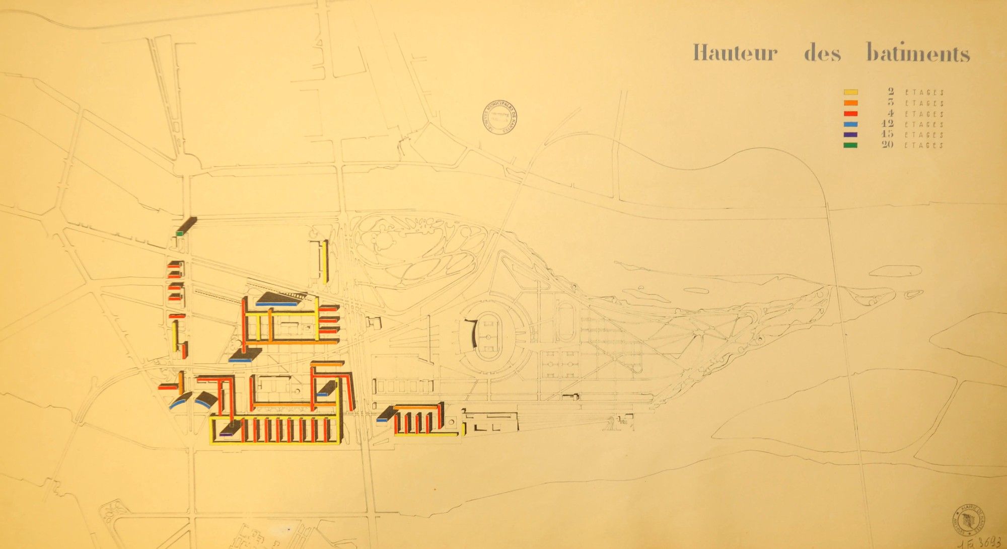 Plan des hauteurs de batiments

Cote : 1Fi3693 - Plan d'aménagement de l'île beaulieu (1954)

Analyse : Plan d'aménagement de l'île Beaulieu : hauteur des bâtiments.
Réalisé par M. Favraud le 15 juin 1954.
En jaune bâtiments de 2 étages, en orange bâtiments de 3 étages, en rouge bâtiments de 4 étages, en bleu bâtiments de 12 étages, en violet bâtiments de 15 étages et en vert bâtiments de 20 étages.

Auteur(s) : FAVRAUD (M.) [ Auteur ]
Type document : Plan
Technique : Imprimé couleur
Format : 42X78
Support : Papier
Etat matériel : Bon
Série : Fi - Documents Figurés
Sous-série : 1Fi - Cartes et plans depuis 1790 - Voir le fonds d'origine

Mode d'entrée : Versement
Réalisé en : 1954

Original Consultable : NON
Termes d'indexation :  - [Auteurs] FAVRAUD (M.), - [Lieux] BEAULIEU (île), - [Personnes] FAVRAUD (Marcel),
Période historique : 20e SIECLE

Archives de Nantes