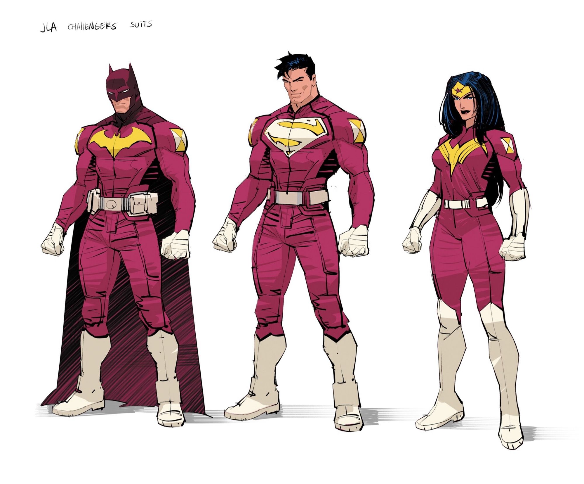 Batman. Superman, and Wonder Woman in Challengers of the Unknown uniforms.