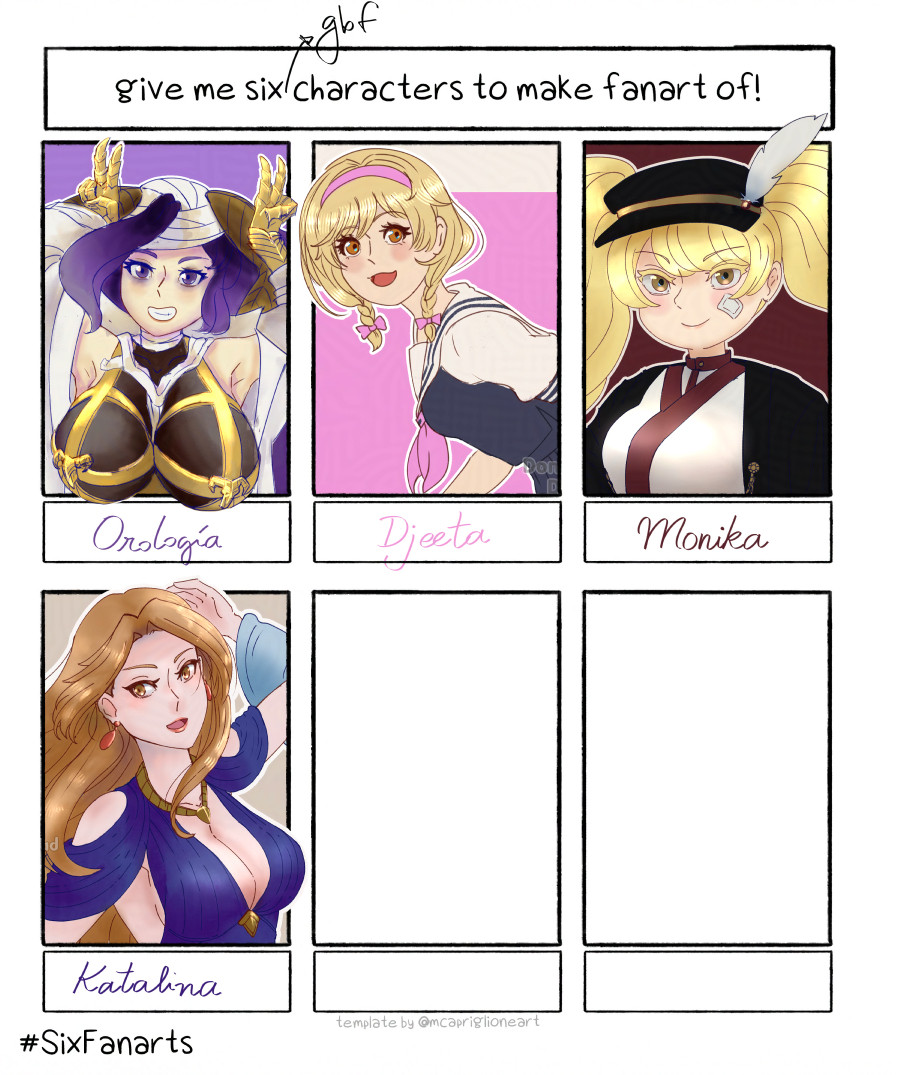 Six Fanarts challenge template with four boxes filled. The image in the 4th box is the next one.