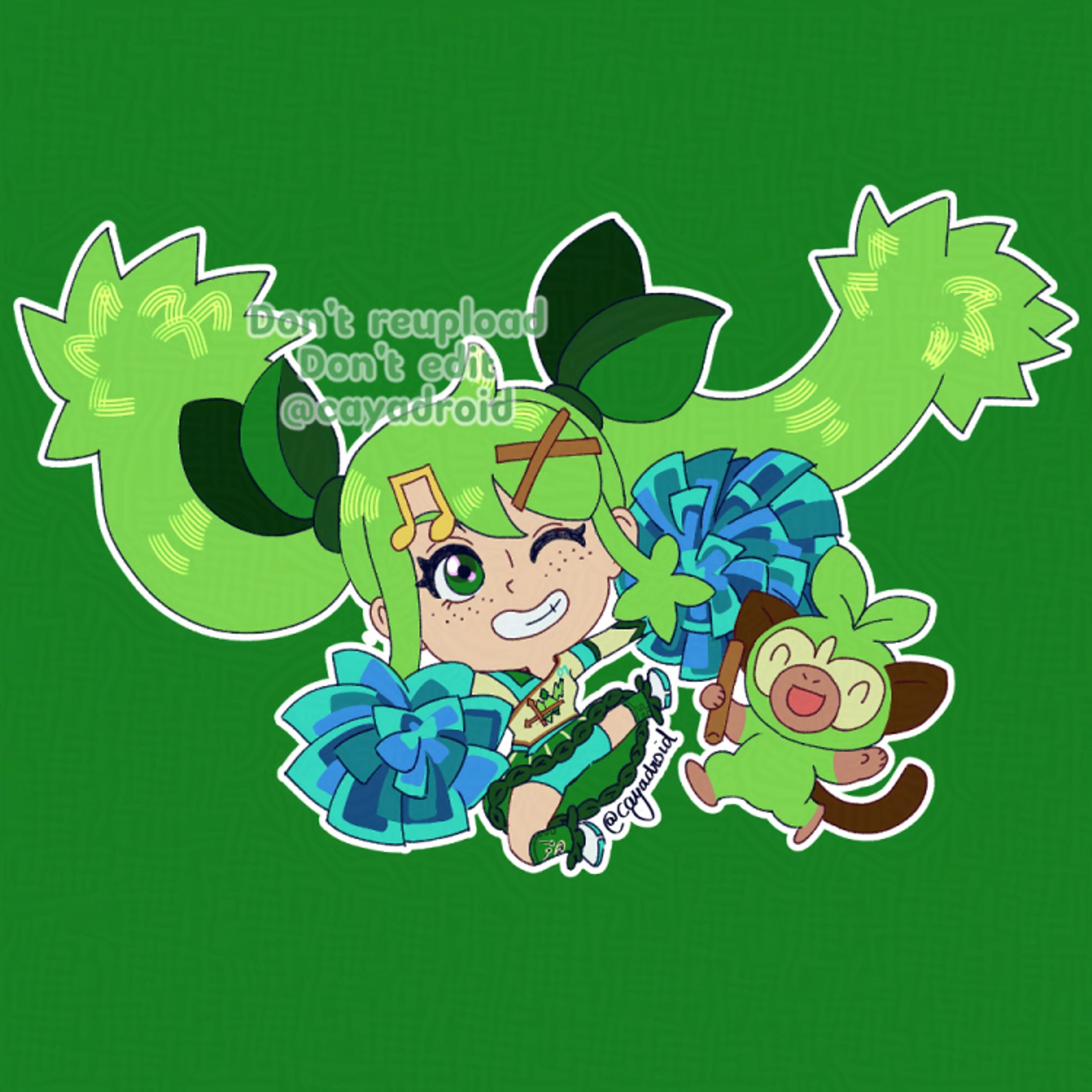 Chibi fanart of Miku Hatsune her Project Voltage's Grass-type design, with her partner Grookie.