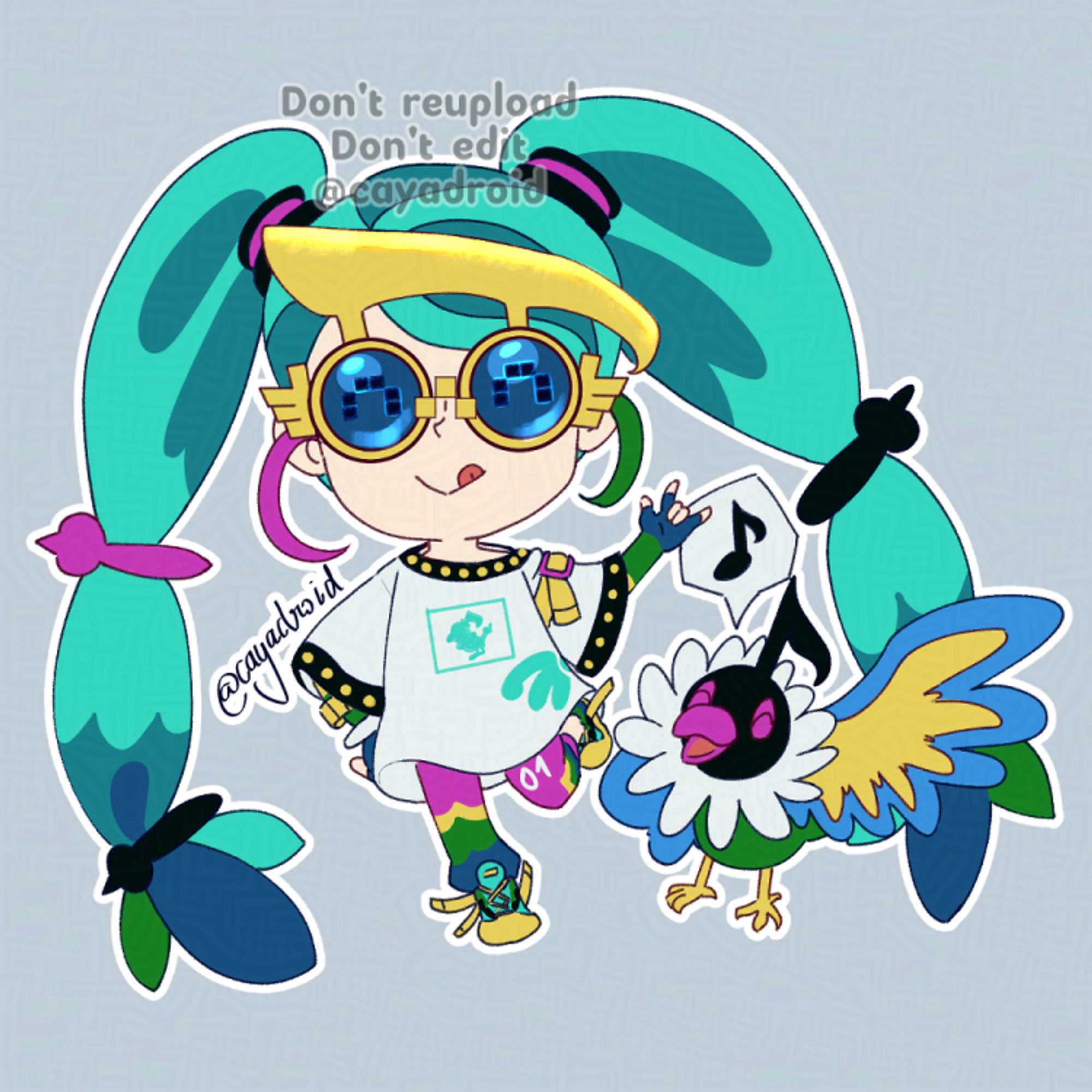 Chibi fanart of Miku Hatsune her Project Voltage's Normal-type design, with her partner Chatot.