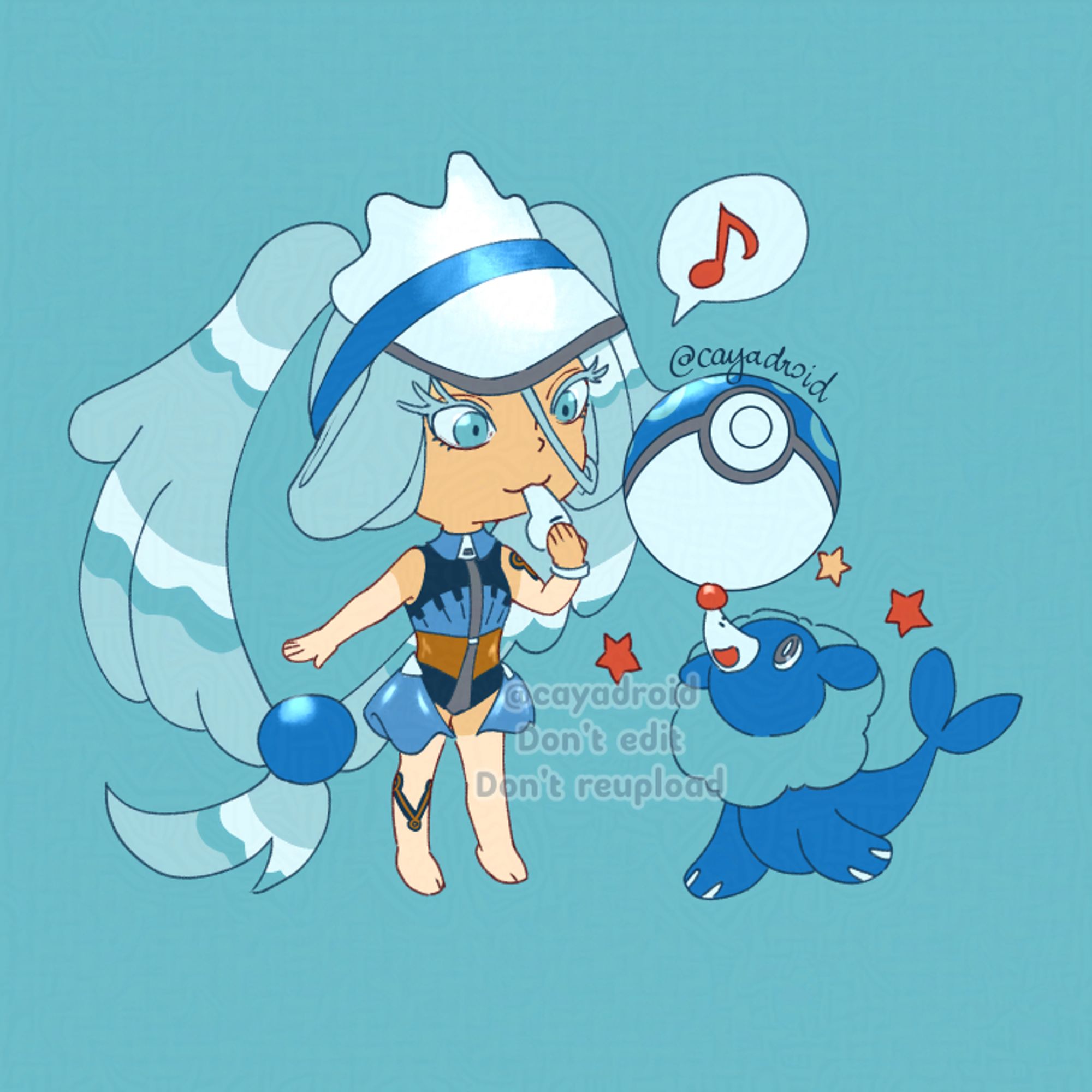 Chibi fanart of Miku Hatsune her Project Voltage's Water-type design, with her partner Popplio.