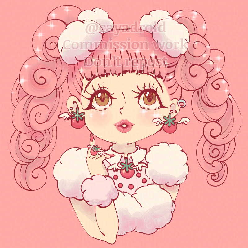 Bust-up fanart of Miwako from Paradise Kiss, in chibi style. She is wearing her iconic fluffy white dress and Happy Berry earrings, necklace and ring. She is making an innocent looking pose, with big bright eyes looking upwards, pouty lips and her right index finger on her cheek.