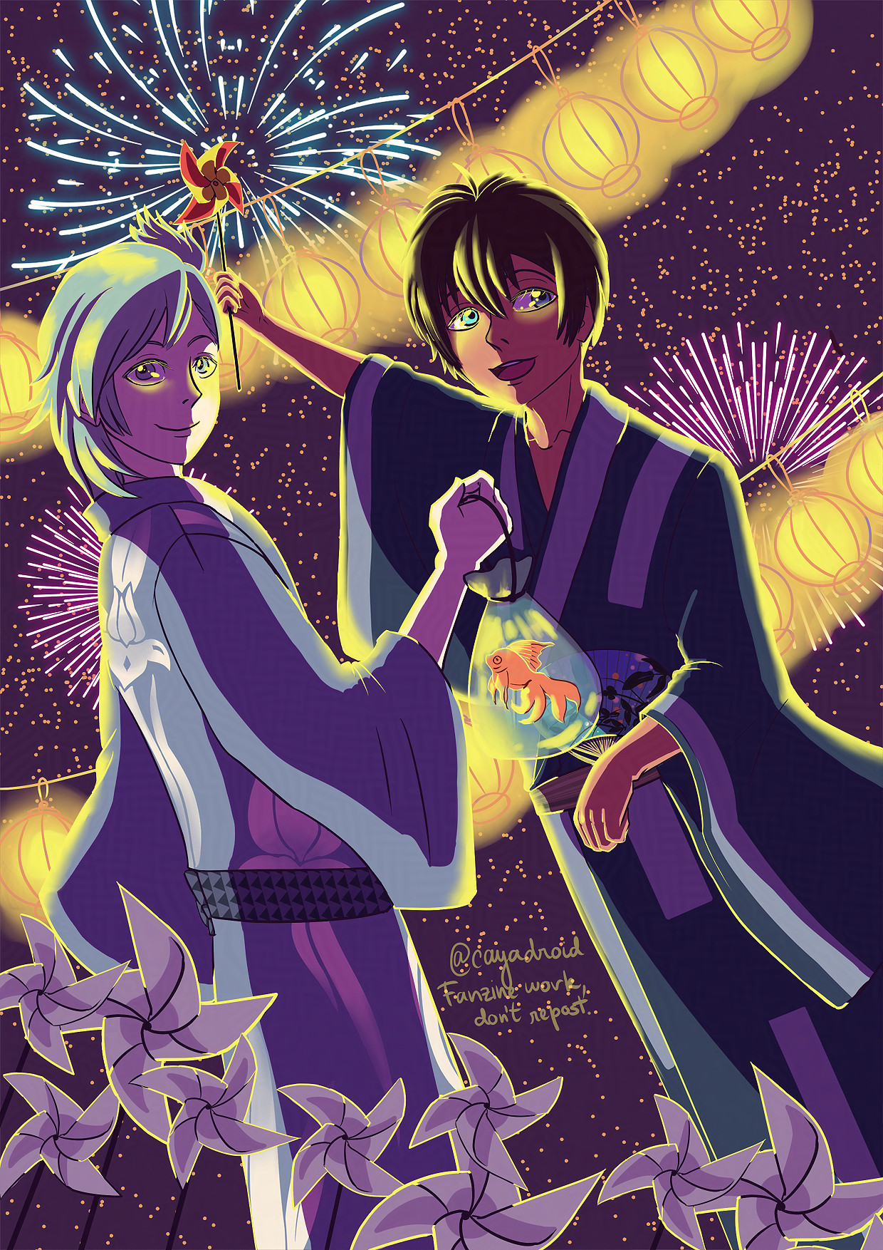 Fanart of Ai Mikaze and Cecil Aijima from Uta no Prince-sama, inspired in the yukata sets from Shining Live. They are at a festival, with the night sky, paper lanters and fireworks illuminating them. Cecil is holding a paper pinwheel up high, while Ai is holding a water balloon with a carp inside.