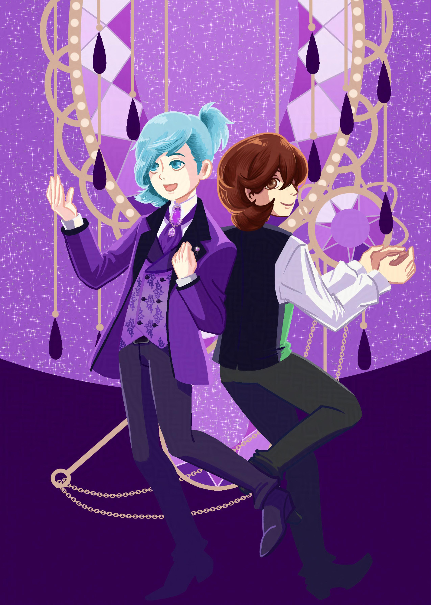 Fanart of Ai Mikaze and Reiji Kotobuki from Uta no Prince-sama, inspired in the Lavender Crystal event from Shining Live. Ai is in front and Reiji is behind him, showing his back to the viewer. Both are interacting with the purple drop-like jewels coming from above. The background shows lilac jewels.