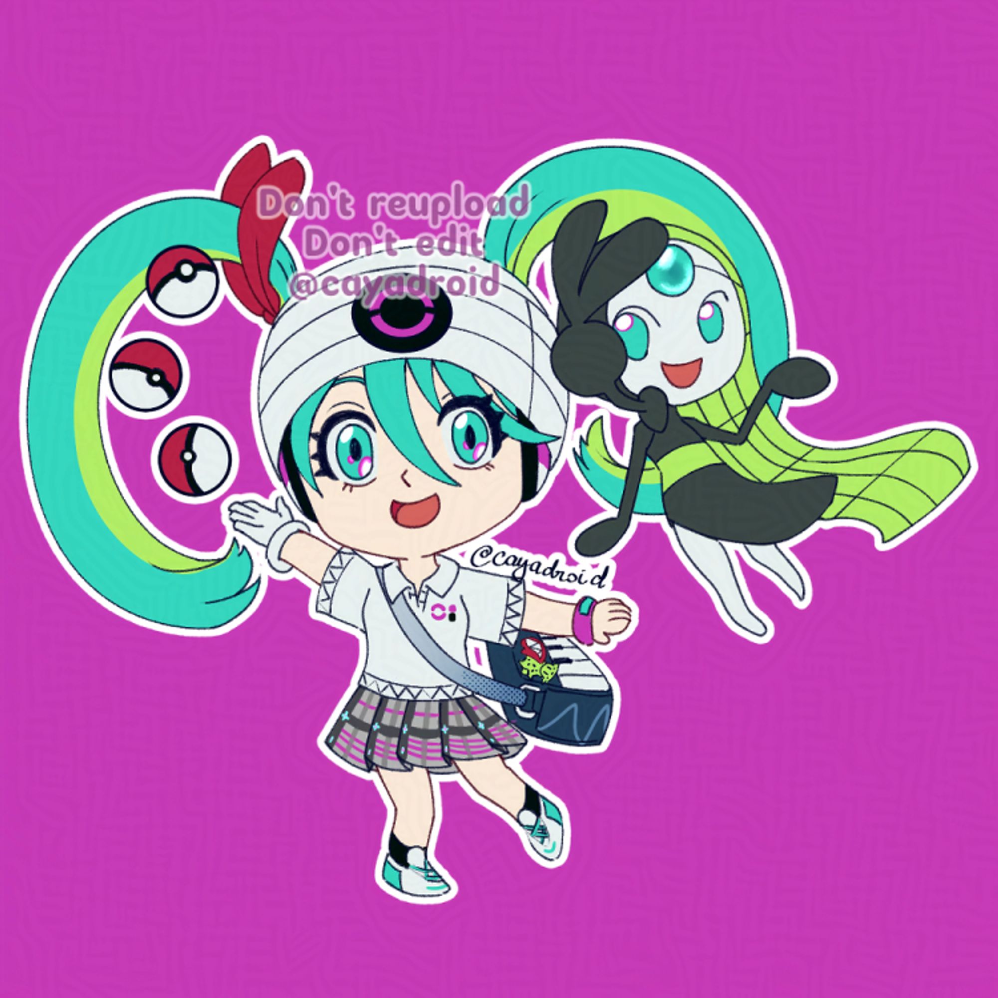 Chibi fanart of Miku Hatsune her Project Voltage's Psychic-type design, with her partner Meloetta.