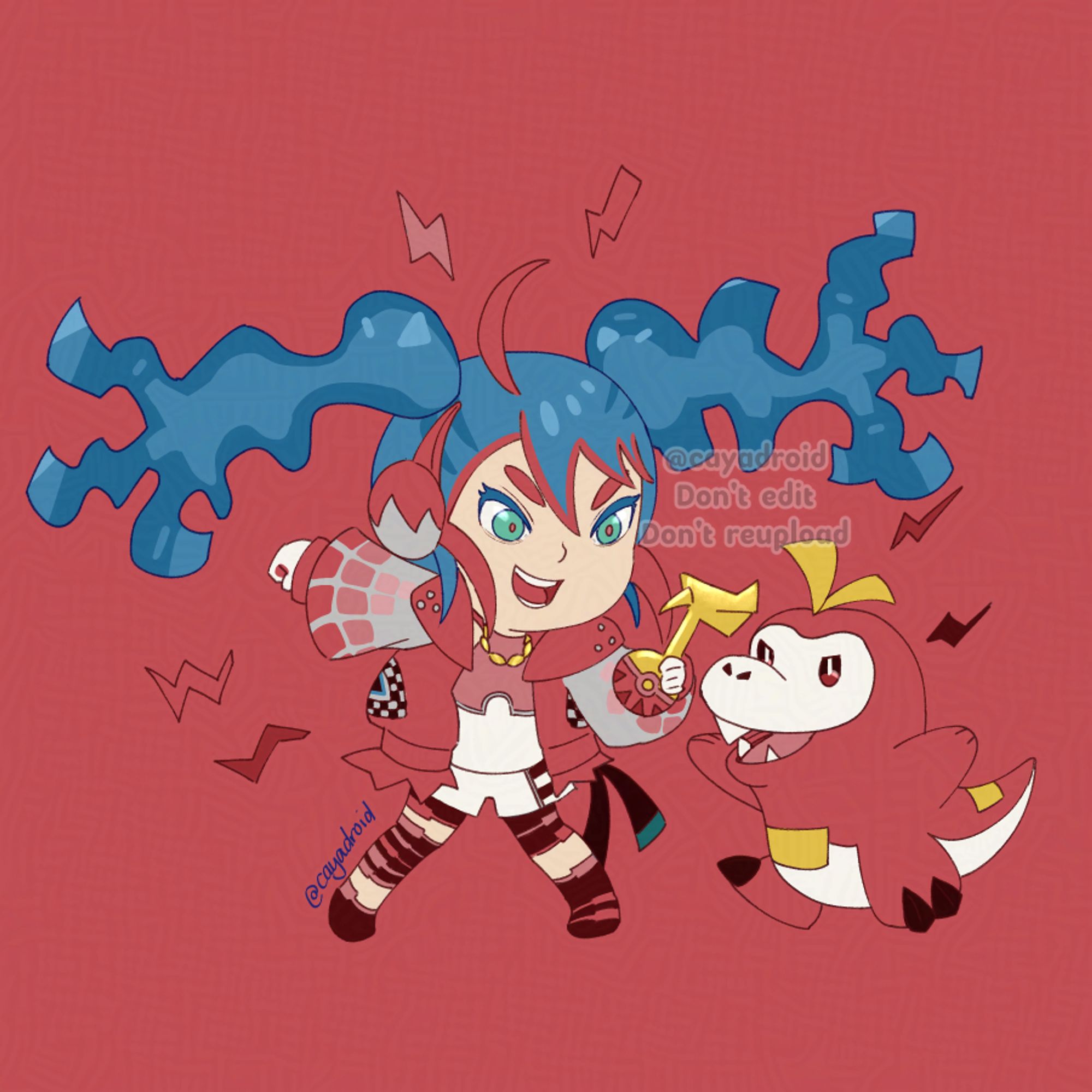 Chibi fanart of Miku Hatsune her Project Voltage's Fire-type design, with her partner Fuecoco.