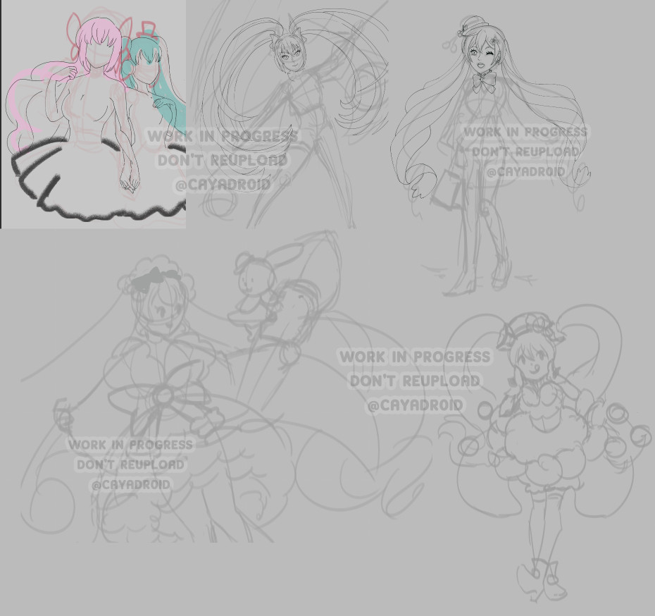 Five very loose sketches of Miku Hatsune in different costumes: Magnet, Racing 2022, Hanami, Snow 2023 and Strawberry Shortcake.