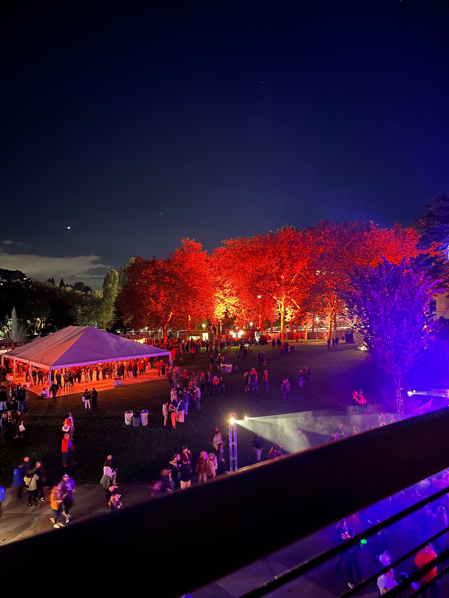 A clear night sky with red fall foliage. Taken from the top of Fisher Pavilion looking north.