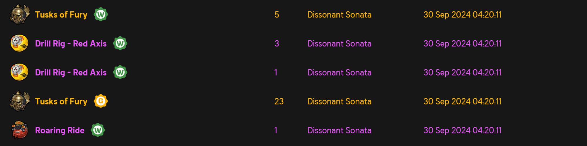 Data from the game Zenless Zone Zero, showing that I pulled Tusks of Fury twice in the same pull. The funny number is 23.