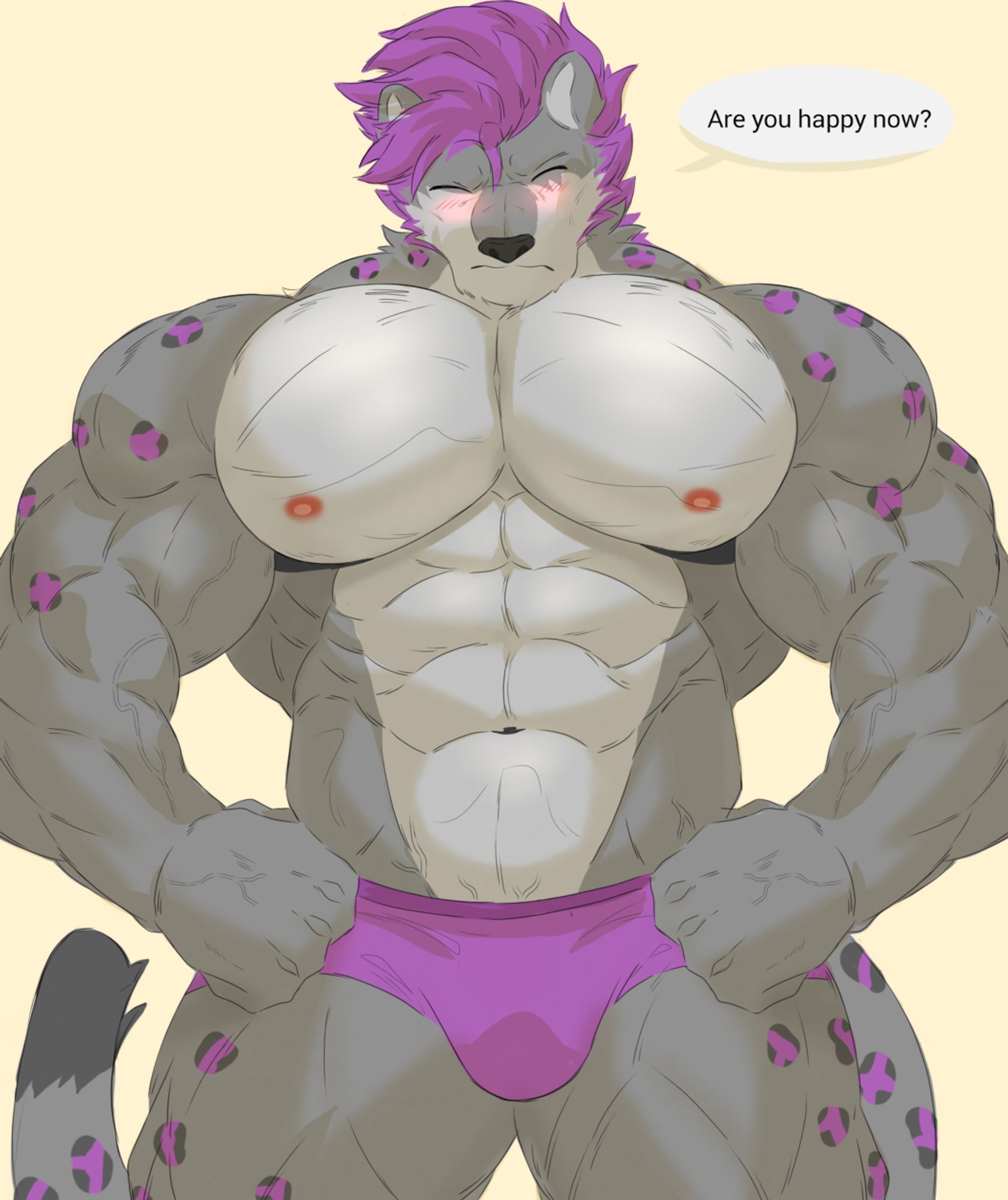 A purple, muscular snow leopard posing and blushing in his undergarments. He's saying "Are you happy now?"