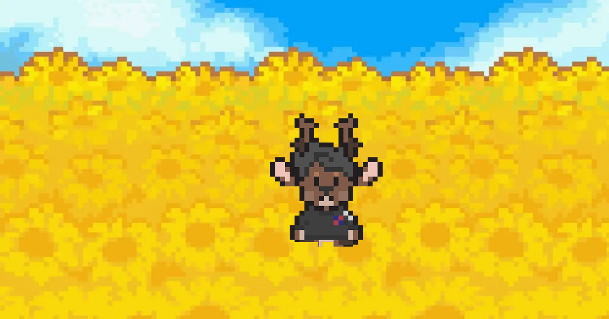 Mother 3 screencap of Lucas in the field of sunflowers, but instead is a sprite of Radium.