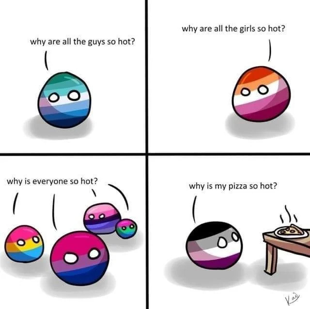 Viergeteiltes Meme: 

Kugel nur mit Augen im ersten Feld in gay* pride Farben fragt: "Why are all the guys so hot?"

Kugel im zweiten Feld in lesbian* pride Farben fragt: "Why are all the girls so hot?"

Kugeln im dritten Feld in pan*, bi*, genderfluid? und poly* pride Farben fragen: "Why is everyone so hot?"

Kugel im letzten Feld in ace* pride Farben fragt: "Why is my pizza so hot?"