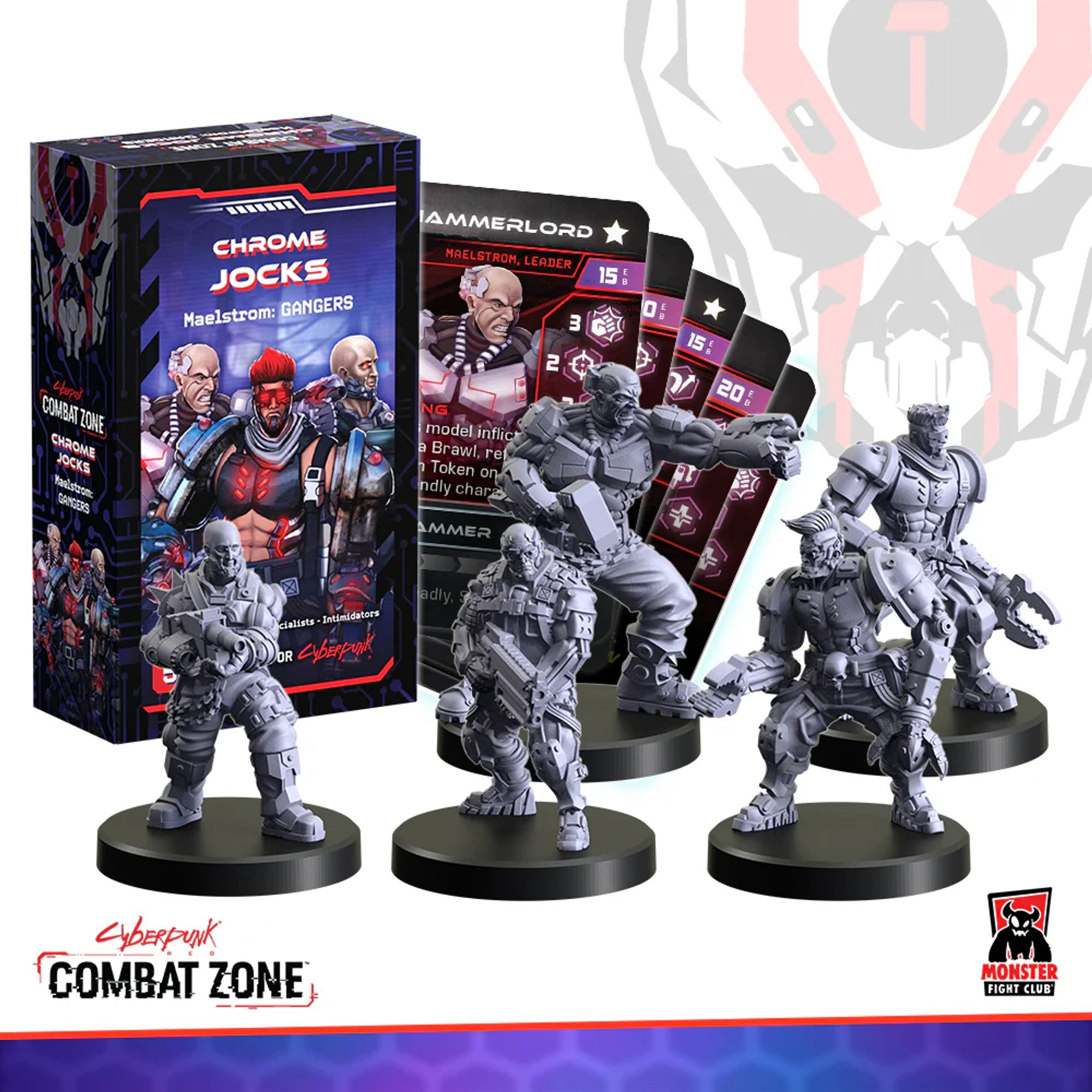 The new Chrome Jocks expansion for Cyberpunk Red Combat Zone's Maelstrom gang, showing the box, the five miniatures included and a selection of their game cards.