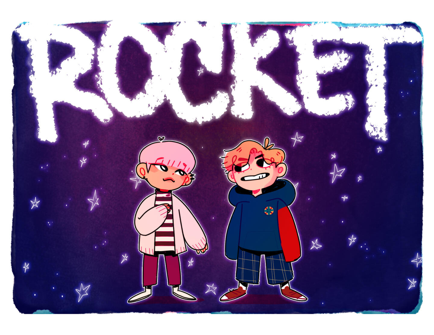 Two characters standing and looking at each other over a starry background. Large letters reading "ROCKET" float above them.