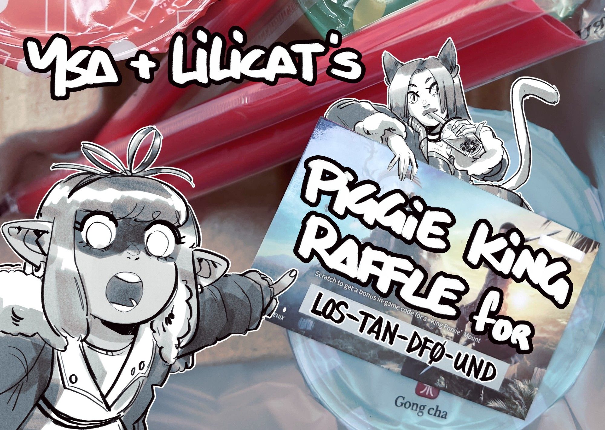 A small girl wearing a ribbon in her hair soy pointing at a card with a fake raffle code on it. A catgirl leans on the card sipping on a boba tea. Text over the image reads "Ysa + Lilicat's Piggie King Raffle for Lost And Found"