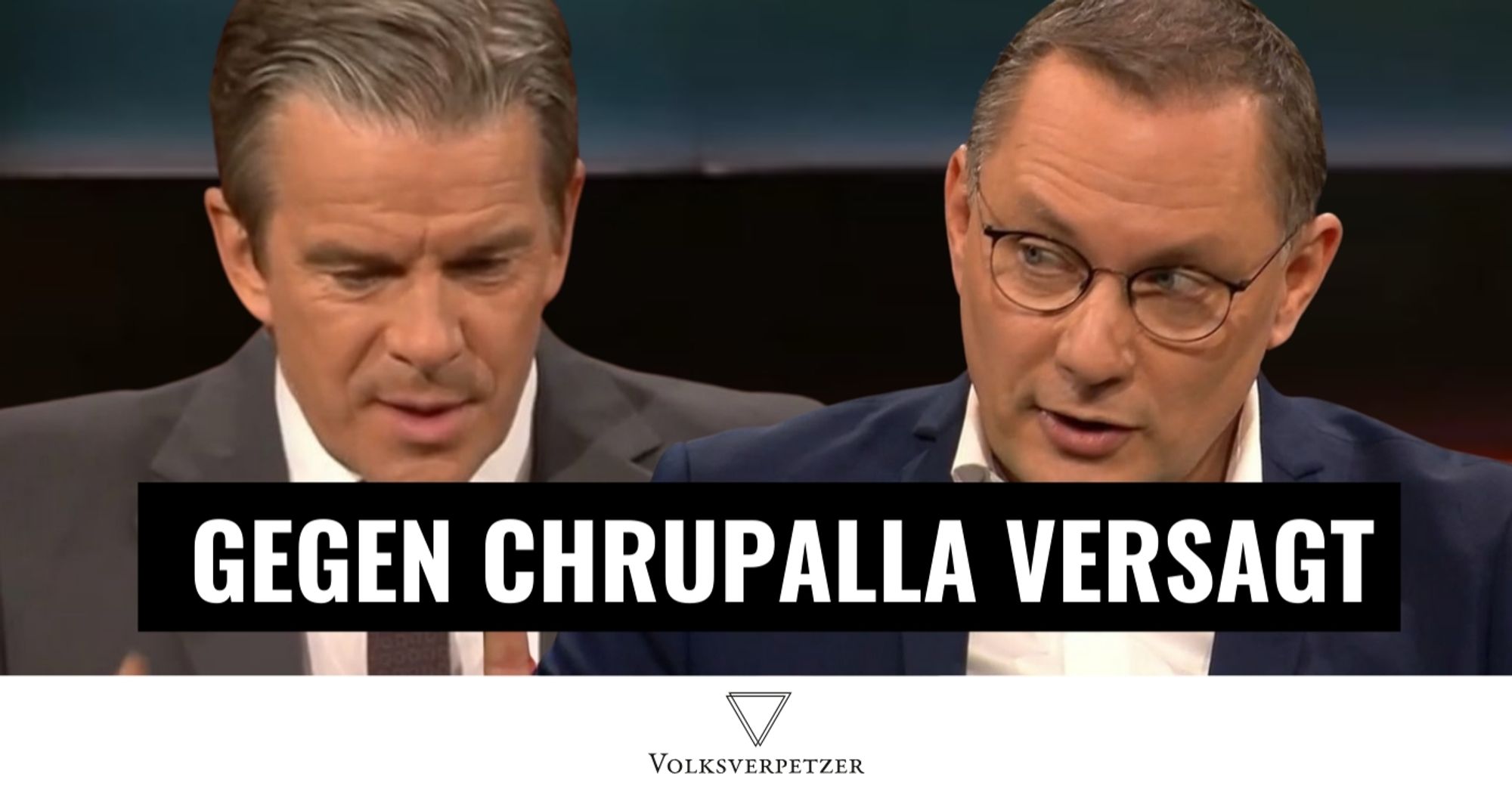 Bild von Volksverpetzer.de. Es zeigt Markus Lanz und Timo Chrupalle beieinander in einer Bildmontage.
Untertitel" "Gegen Chrupalle versagt."

Darunter das Logo von Volksverpetzer auf weißem Grund.