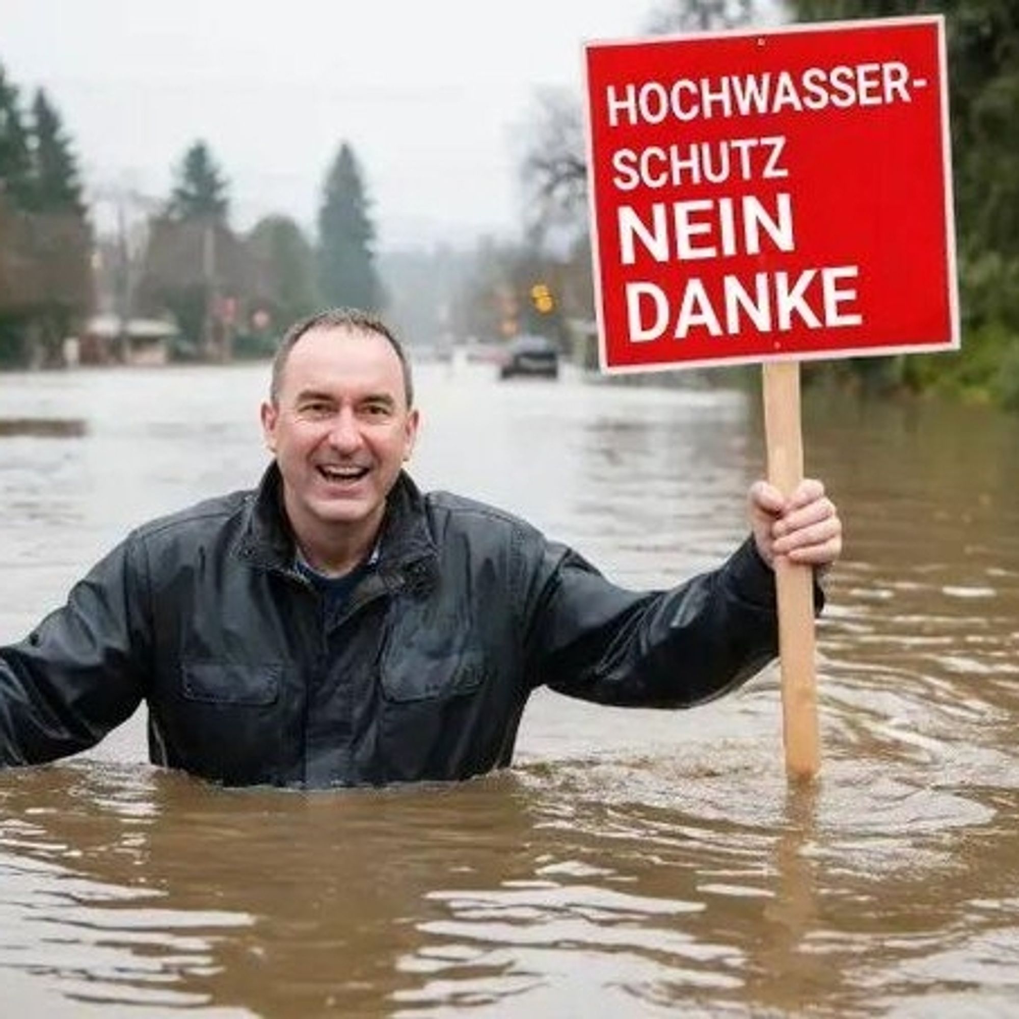 Bild KI-generiert. Hubert Aiwanger steht bis zu Brust im braunen Wasser einer Flut. Er lacht und hält ein Schild hoch: "Hochwasserschutz. Nein, Danke."