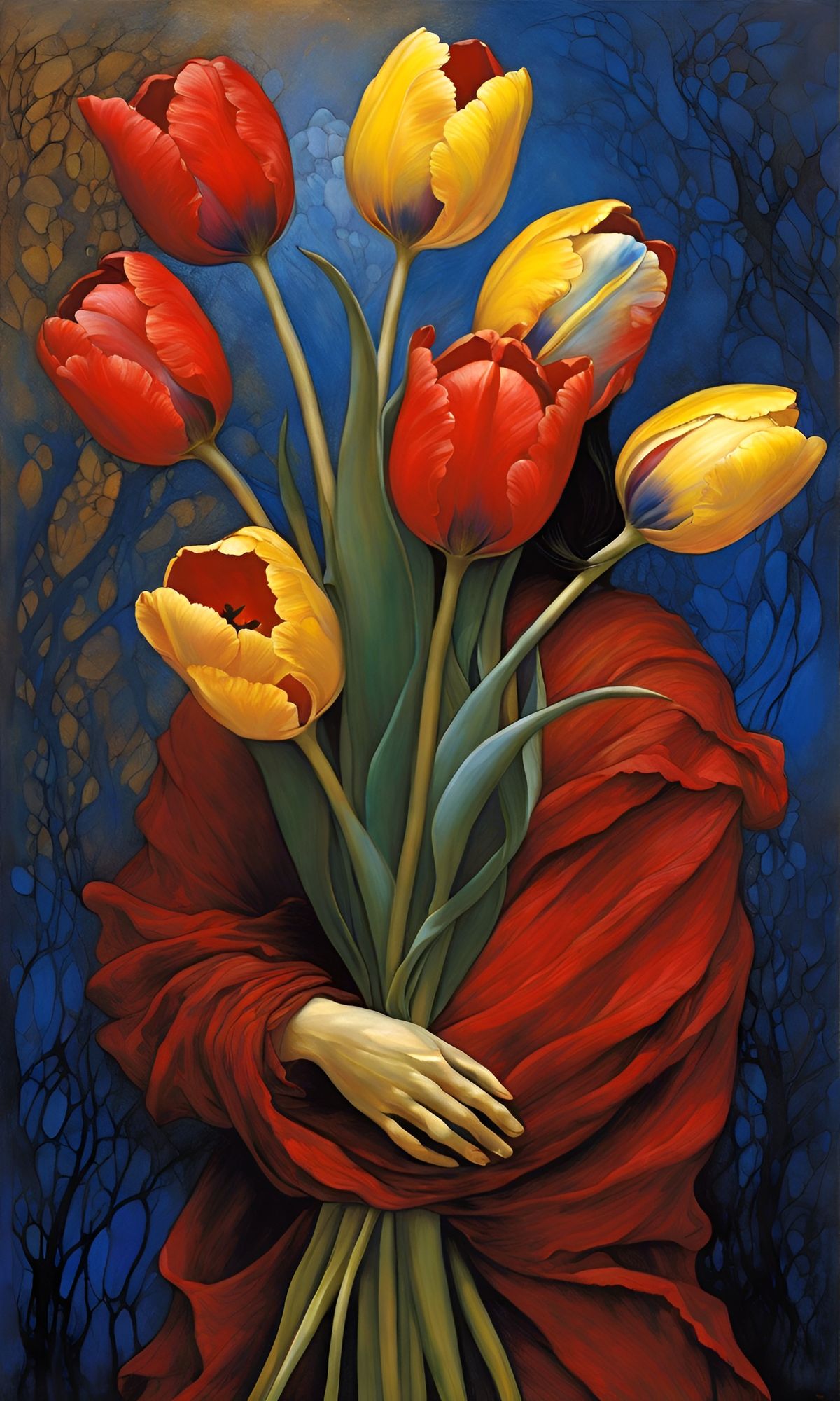 « #aiart #genart by #StableDiffusionXL »
Prompt: (Tulips in Four Colors and Satisfaction: A Collaboration of Zdzisław Beksinski and Camille Claudel), a charming back-turned figure holding a bunch of tulips (gold, crimson, indigo, pearl) against a dark and mysterious background is depicted. Her graceful and dynamic pose exudes elegance and dignity. The multi-layered background is criss-crossed with vibrant rainbow-colored electrical wires, providing a captivating contrast between the softness of the flowers and the harsh scientific environment. This artwork deftly combines sculptural pictorialism, network art, and 3D rendering to create a striking and visually appealing image that transcends the traditional boundaries of art and fashion.(cinematic-3d render), Negative: low quality, ugly, Aspect: tall 5:8(768:1280), CFG_scale: 13, Sampler: ddim, Seed: 195991234

#本日の成果物 #Tulips #Collaboration  #ZdzisławBeksinski  #CamilleClaudel