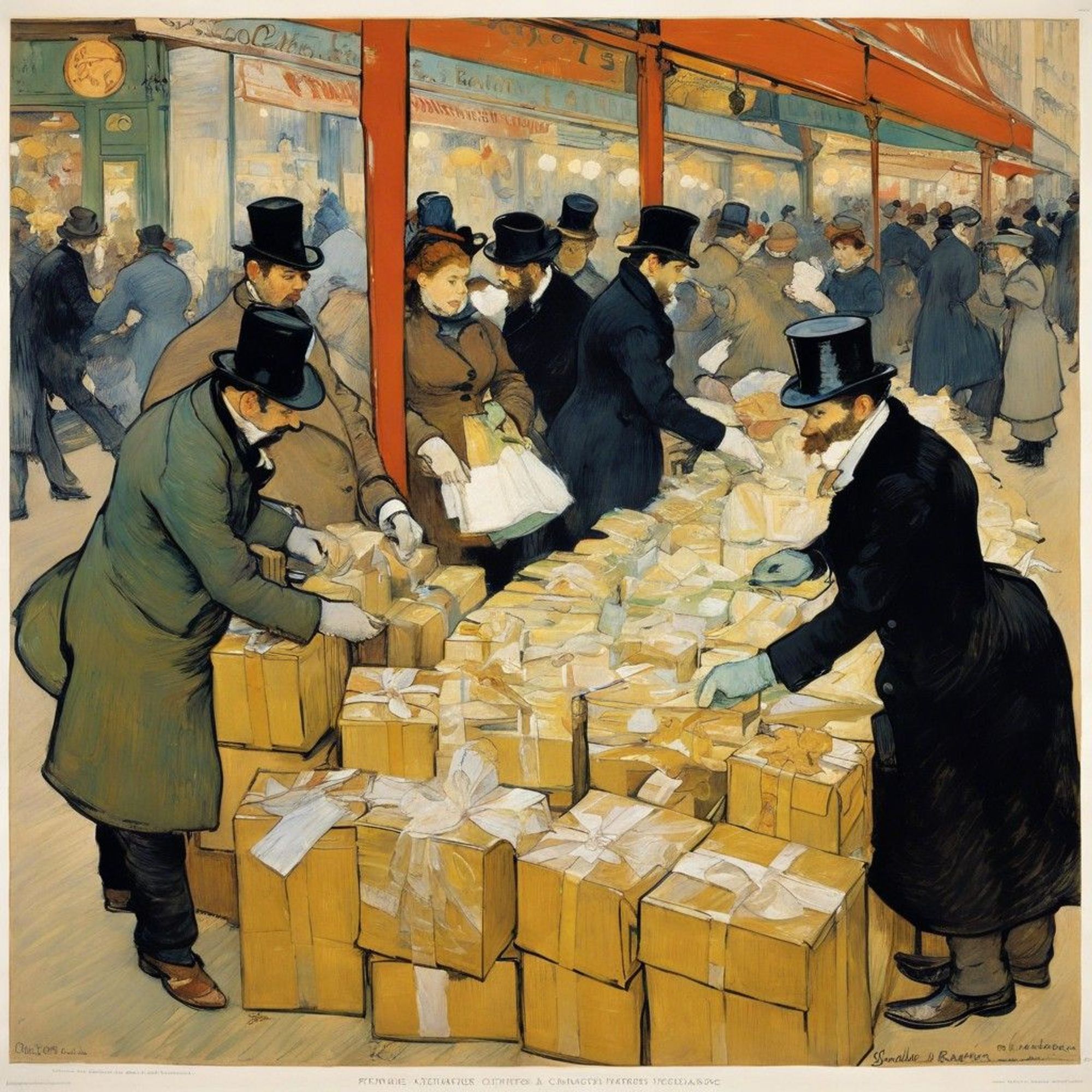 Prompt: People preparing Christmas presents, Toulouse-Lautrec's work, fine detail, Negative: low quality, ugly, Aspect: square 1:1(1024:1024), Style: none, CFG_scale: 13, Sampler: ddim, Seed: 315380400, (Generated at StableDiffusionXL)