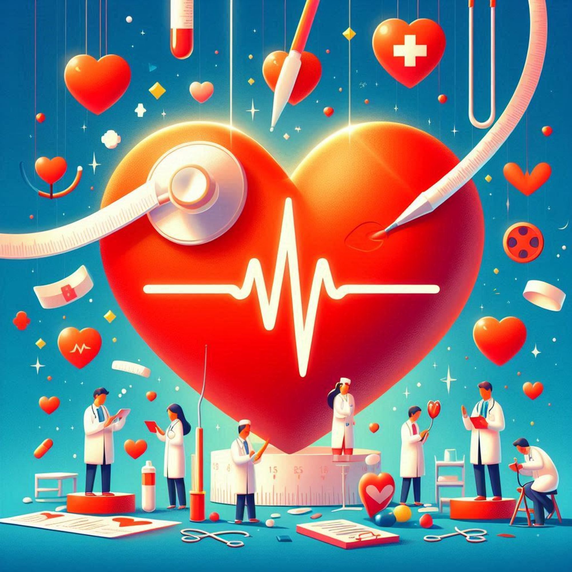 ③« #aiart #genart by #BingImageCreator »
(Image of World Heart Day: Concept art, poster) This poster, which raises awareness of heart health, has a large heart symbol in the center, which is used as a structure by little doctors who check the health of the patient, using stethoscopes 🩺, treating wounds 🩹, and measuring the heart. The atmosphere is bright and pop, and it is a simple and friendly piece. (best-quality, illustration)