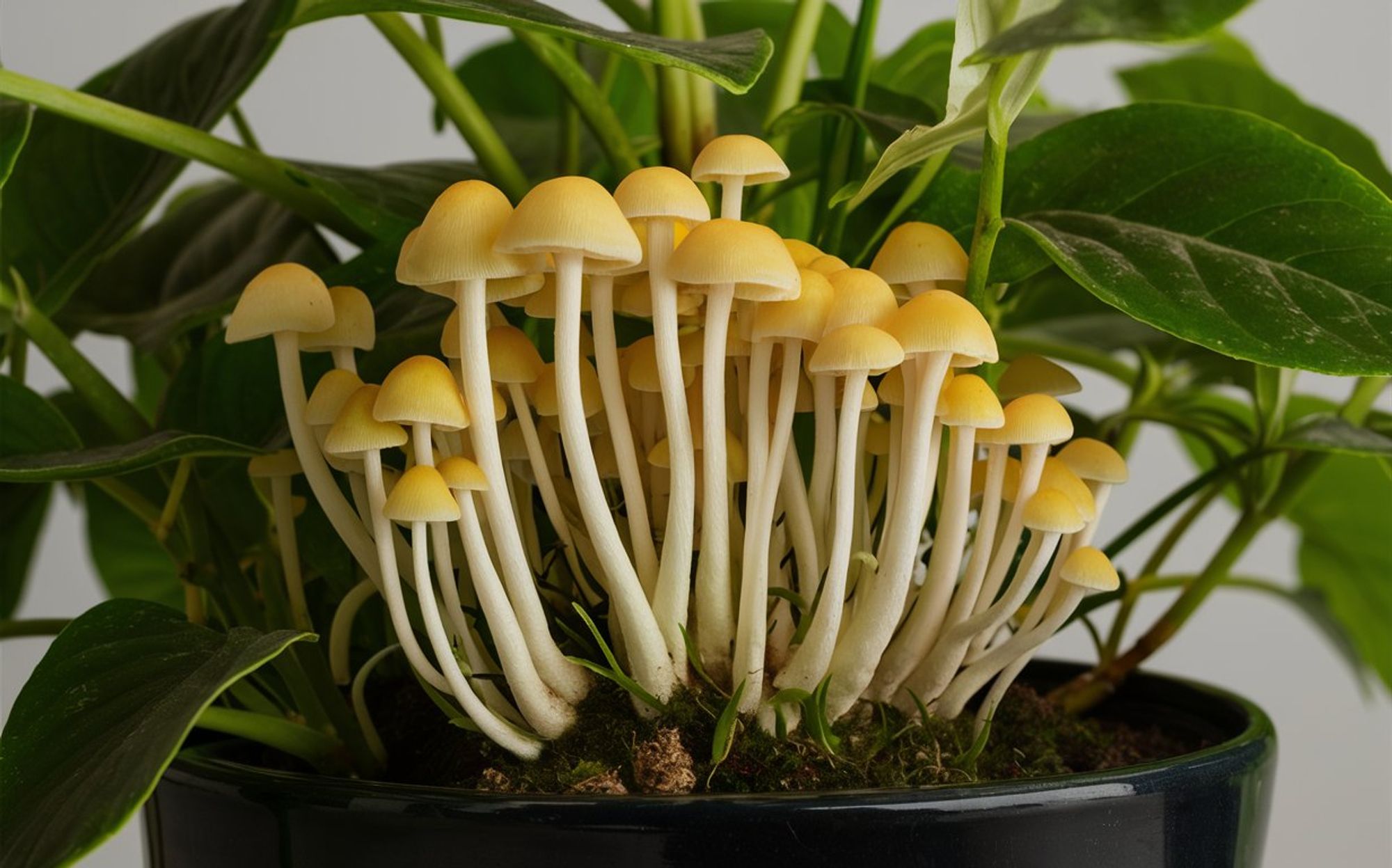 ③« #aiart #genart by #ideogramai »
(Photo of mushrooms growing next to a potted pothos) The Flowerpot parasols, with a pale lemon-colored cap on a long, slender stem, is sprouting out from the base of the pothos.