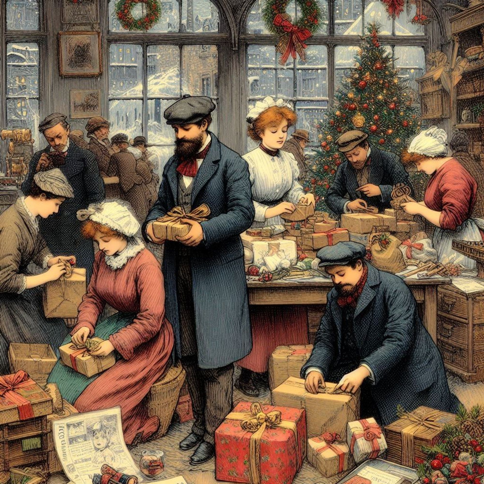 People preparing Christmas presents, Toulouse-Lautrec's work, fine detail(Create by Bing Image Creator)