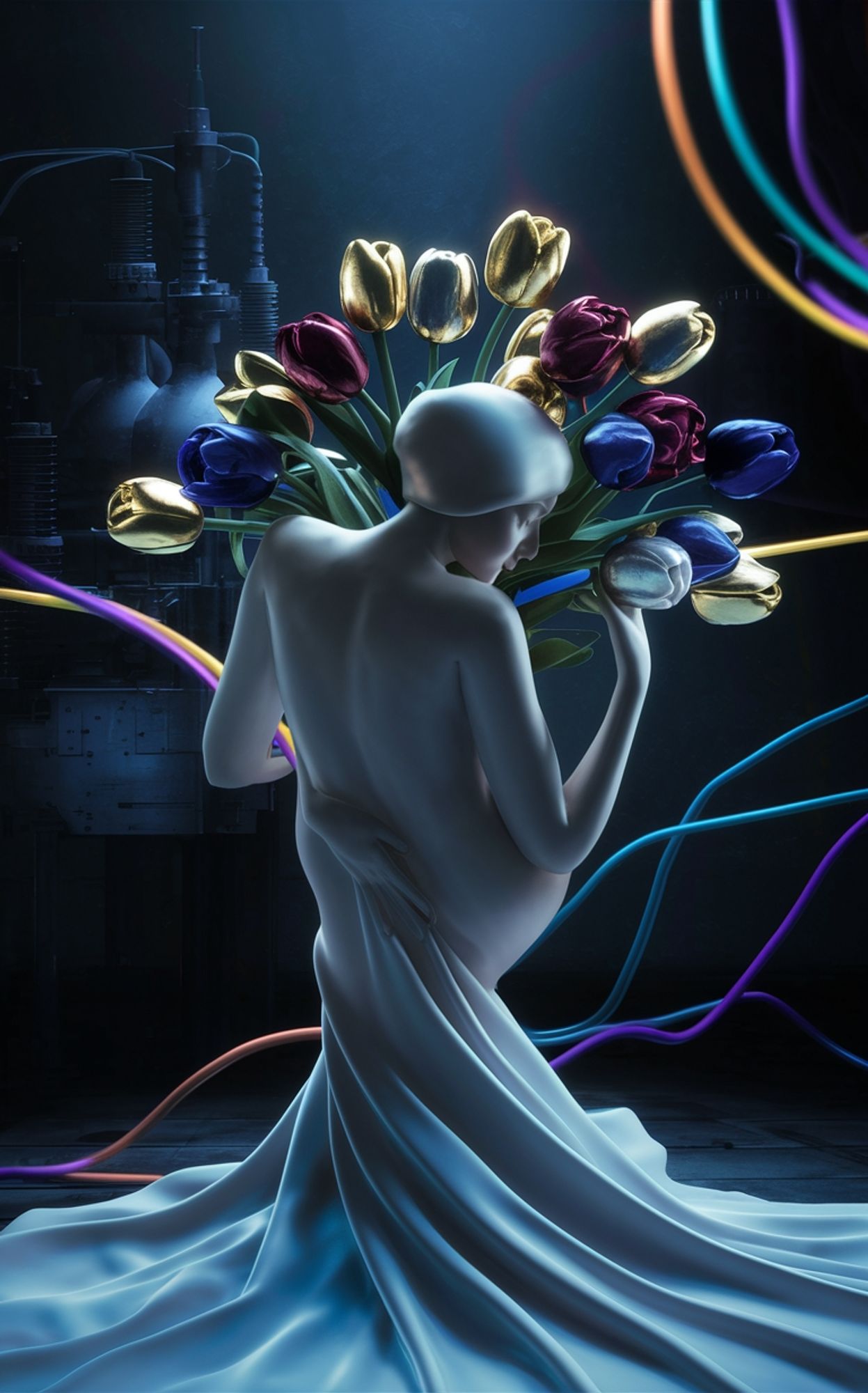 « #aiart #genart by #ideogramai »
A stunning, avant-garde fusion of art and fashion, this 3D render depicts a graceful, back-turned figure exuding elegance and dignity as she holds a bouquet of multicolored tulips - gold, crimson, indigo, and pearl. The dark and mysterious background is juxtaposed with vibrant rainbow-colored electrical wires, creating a captivating contrast between the delicate flowers and the harsh scientific environment. This remarkable collaboration between Zdzisław Beksinski and Camille Claudel seamlessly blends sculptural pictorialism, network art, and cinematic elements to transcend traditional boundaries and create a visually striking masterpiece., fashion, cinematic, conceptual art

#本日の成果物  