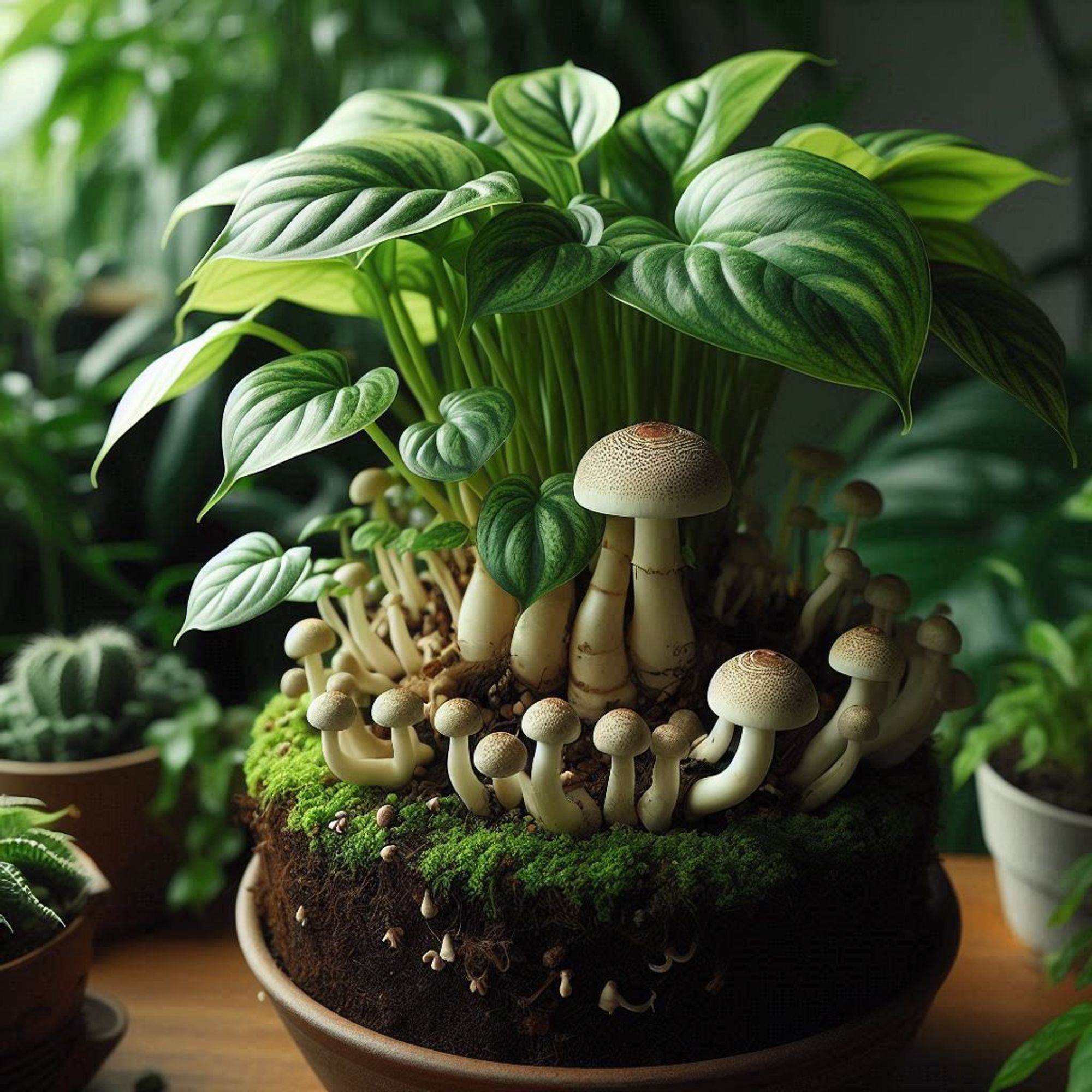 ②« #aiart #genart by #BingImageCreator »
A lush green potted pothos plant with more foliage, featuring a small Leucocoprinus birnbaumii mushroom sprouted at the base.