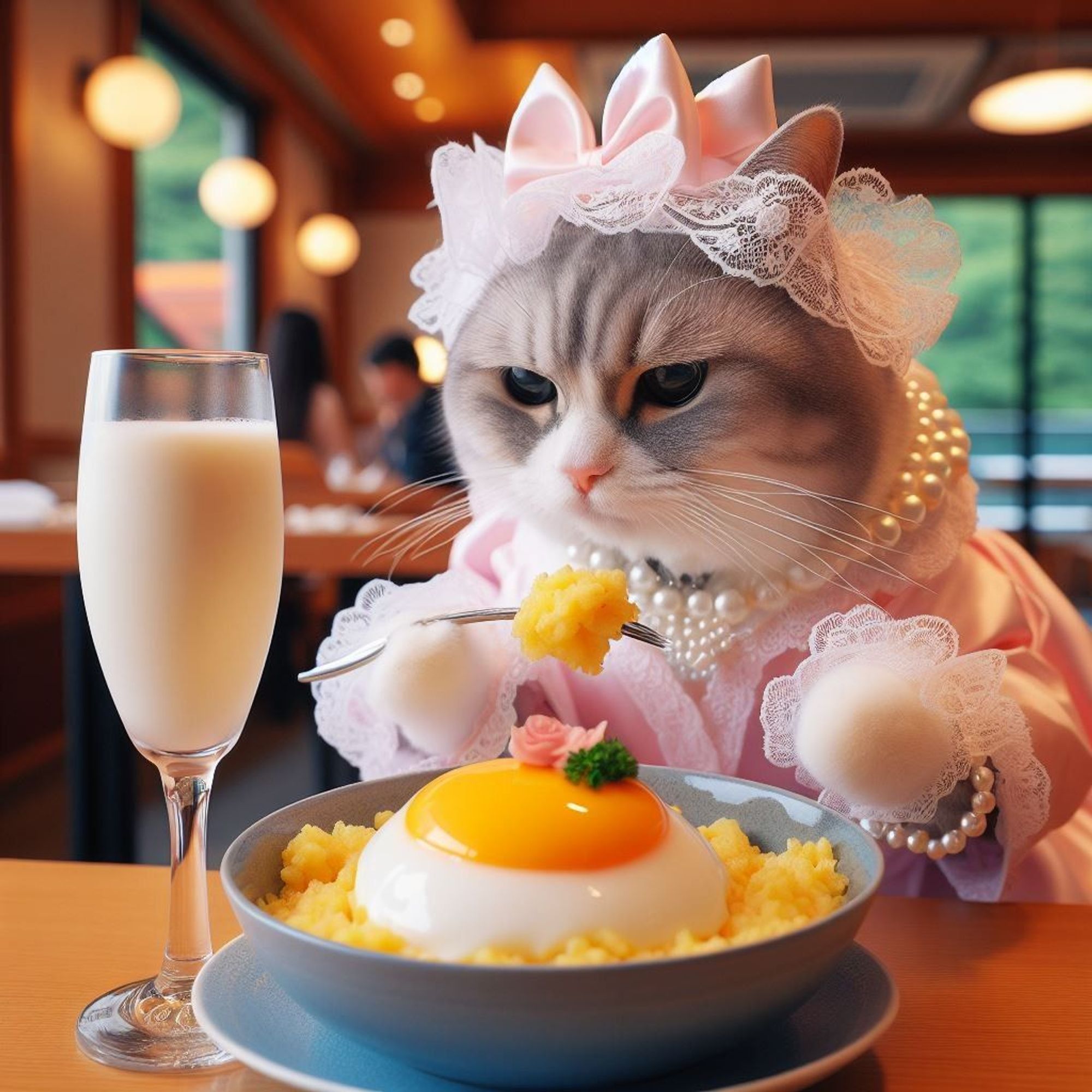 Photo of a cat dressed in a gown eating omurice at a restaurant, the beverage is milk served in a champagne glass, fine detail(Create by Bing Image Creator)