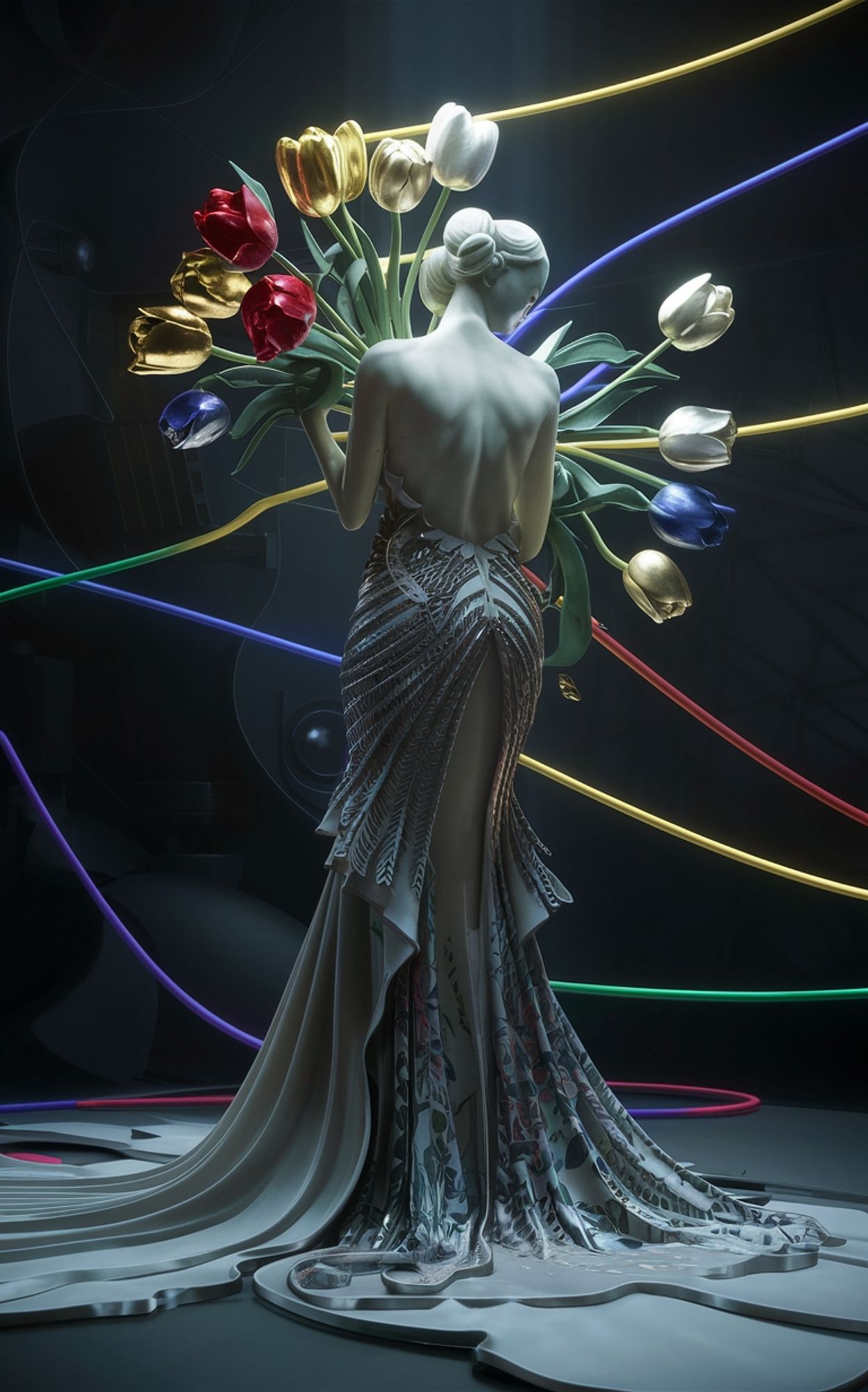 « #aiart #genart by #ideogramai »
A stunning, avant-garde fusion of art and fashion, this 3D render depicts a graceful, back-turned figure exuding elegance and dignity as she holds a bouquet of multicolored tulips - gold, crimson, indigo, and pearl. The dark and mysterious background is juxtaposed with vibrant rainbow-colored electrical wires, creating a captivating contrast between the delicate flowers and the harsh scientific environment. This remarkable collaboration between Zdzisław Beksinski and Camille Claudel seamlessly blends sculptural pictorialism, network art, and cinematic elements to transcend traditional boundaries and create a visually striking masterpiece., fashion, cinematic, conceptual art


#本日の成果物  