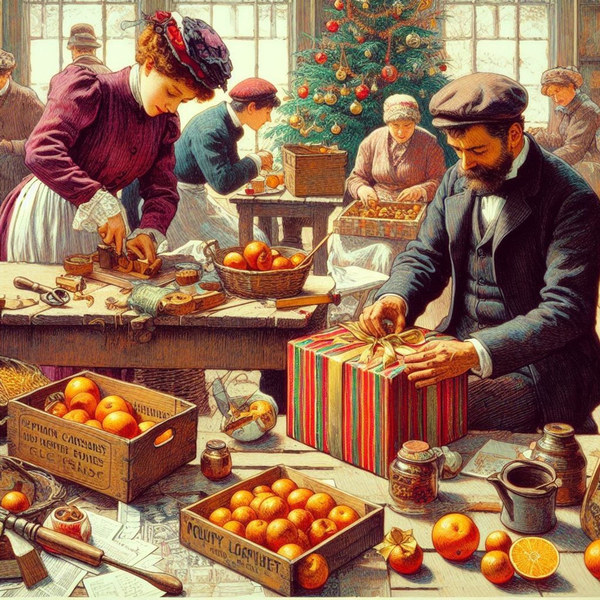 People preparing Christmas presents, Toulouse-Lautrec's work, fine detail(Create by Bing Image Creator)