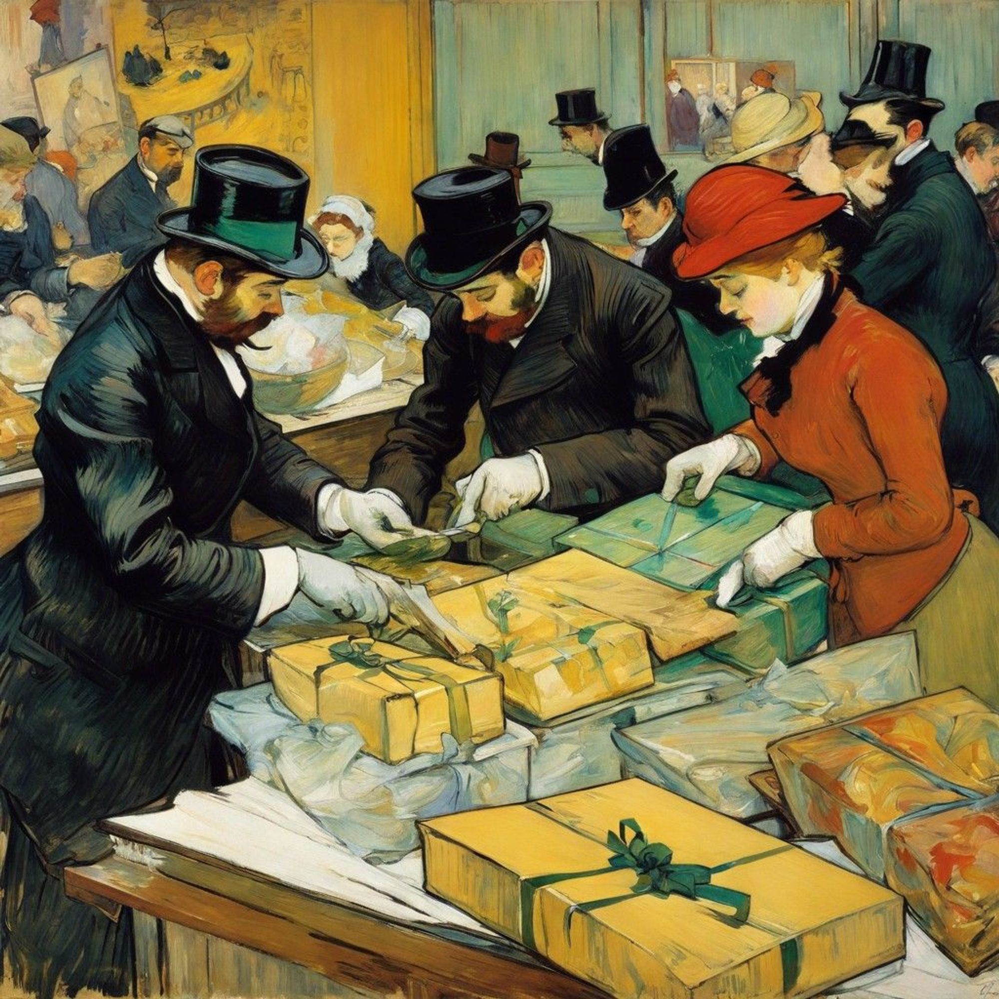 Prompt: People preparing Christmas presents, Toulouse-Lautrec's work, fine detail, Negative: low quality, ugly, Aspect: square 1:1(1024:1024), Style: none, CFG_scale: 13, Sampler: ddim, Seed: 315380400, (Generated at StableDiffusionXL)