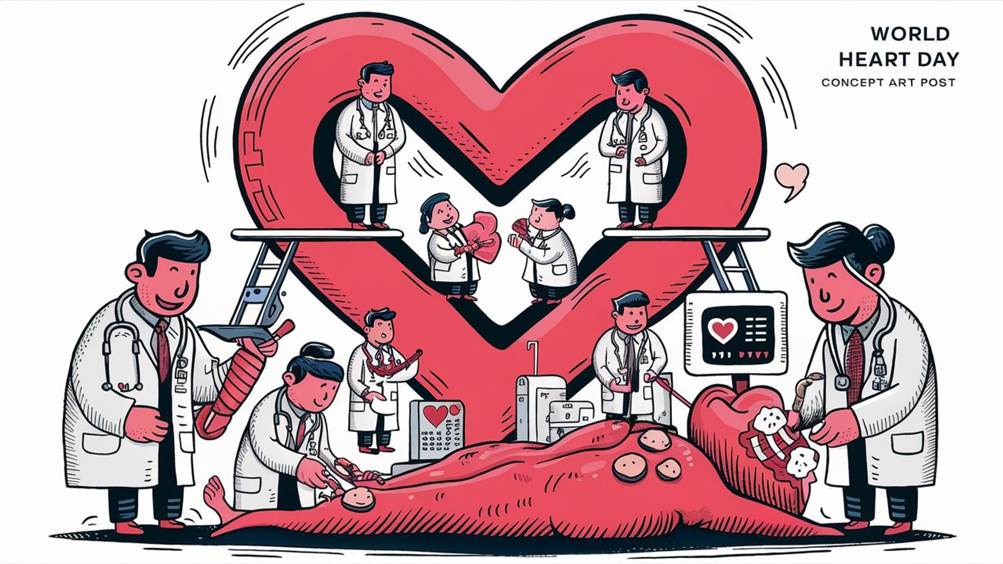 ②« #aiart #genart by #ideogramai »
(Image of World Heart Day: Concept art, poster) This poster, which raises awareness of heart health, has a large heart symbol in the center, which is used as a structure by little doctors who check the health of the patient, using stethoscopes 🩺, treating wounds 🩹, and measuring the heart. The atmosphere is bright and pop, and it is a simple and friendly piece., illustration