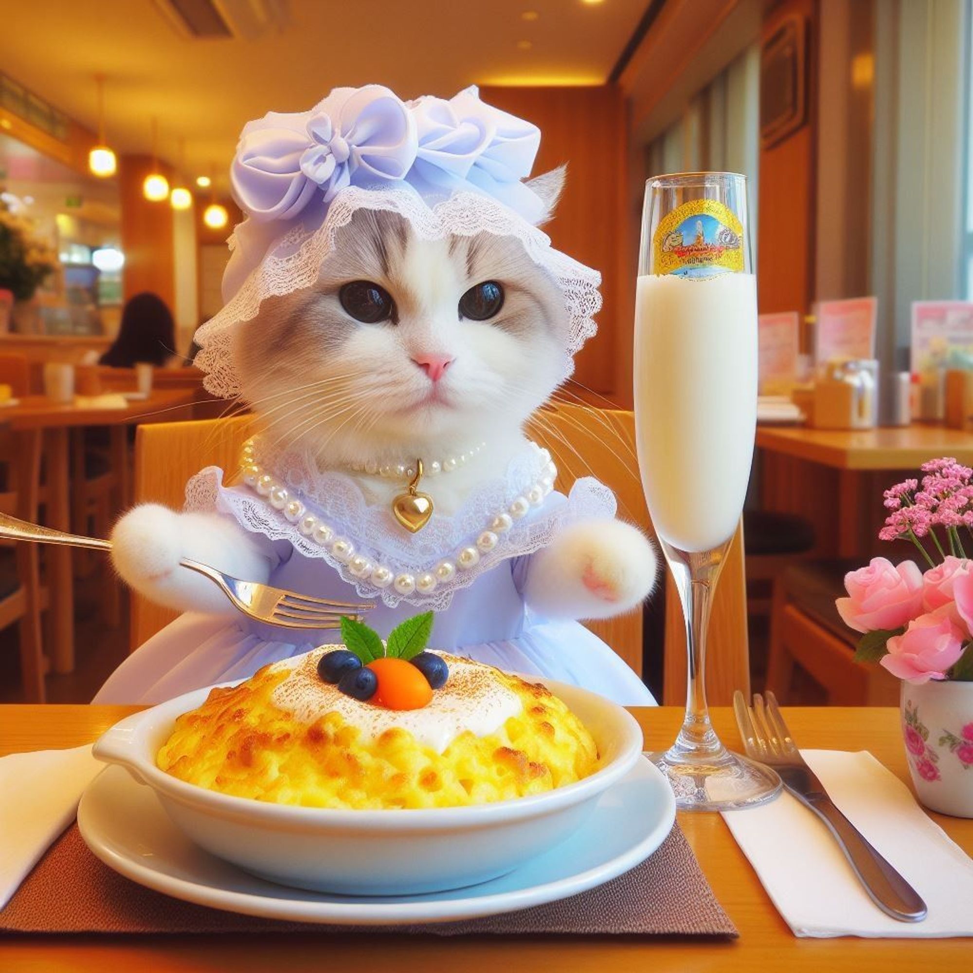 Photo of a cat dressed in a gown eating omurice at a restaurant, the beverage is milk served in a champagne glass, fine detail(Create by Bing Image Creator)