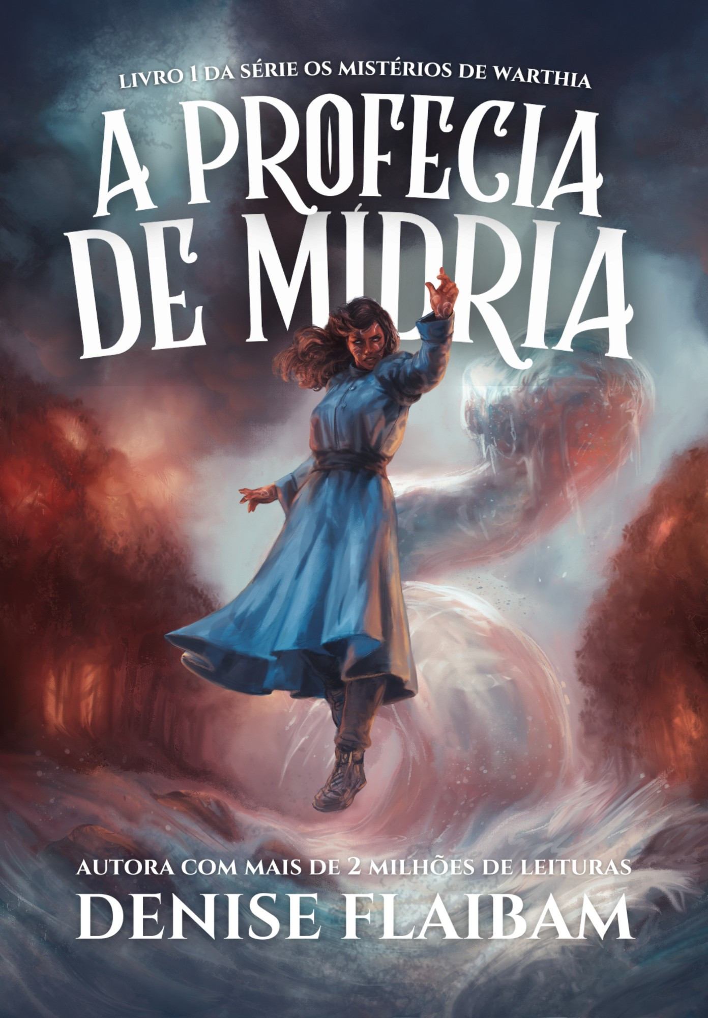 A arte tem o fundo em tons de azul escuro, com fumaça subindo de uma floresta em chamas. A personagem no canto direito está usando um vestido azul de mangas compridas. Ela tem cabelo marrom escuro, pele marrom e espirais brancas desenhadas pelo rosto e pela mão. Os olhos estão pálidos e a expressão severa. Atrás dela, se erguendo do rio agitado, tem uma cobra feita toda de água. os letterings da capa - em cima: A PROFECIA DE MÍDRIA (livro 1 da série os mistérios de warthia) e embaixo meu nome. O texto está na cor branca.