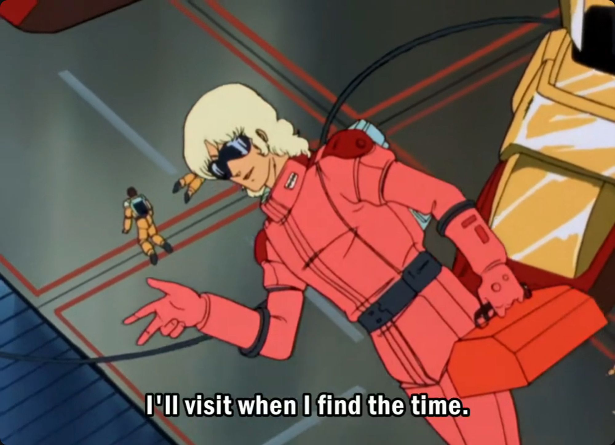 Char Aznable (in this case Quattro Bajeena) makes a cute little hand gesture and says "I'll visit when I find the time."