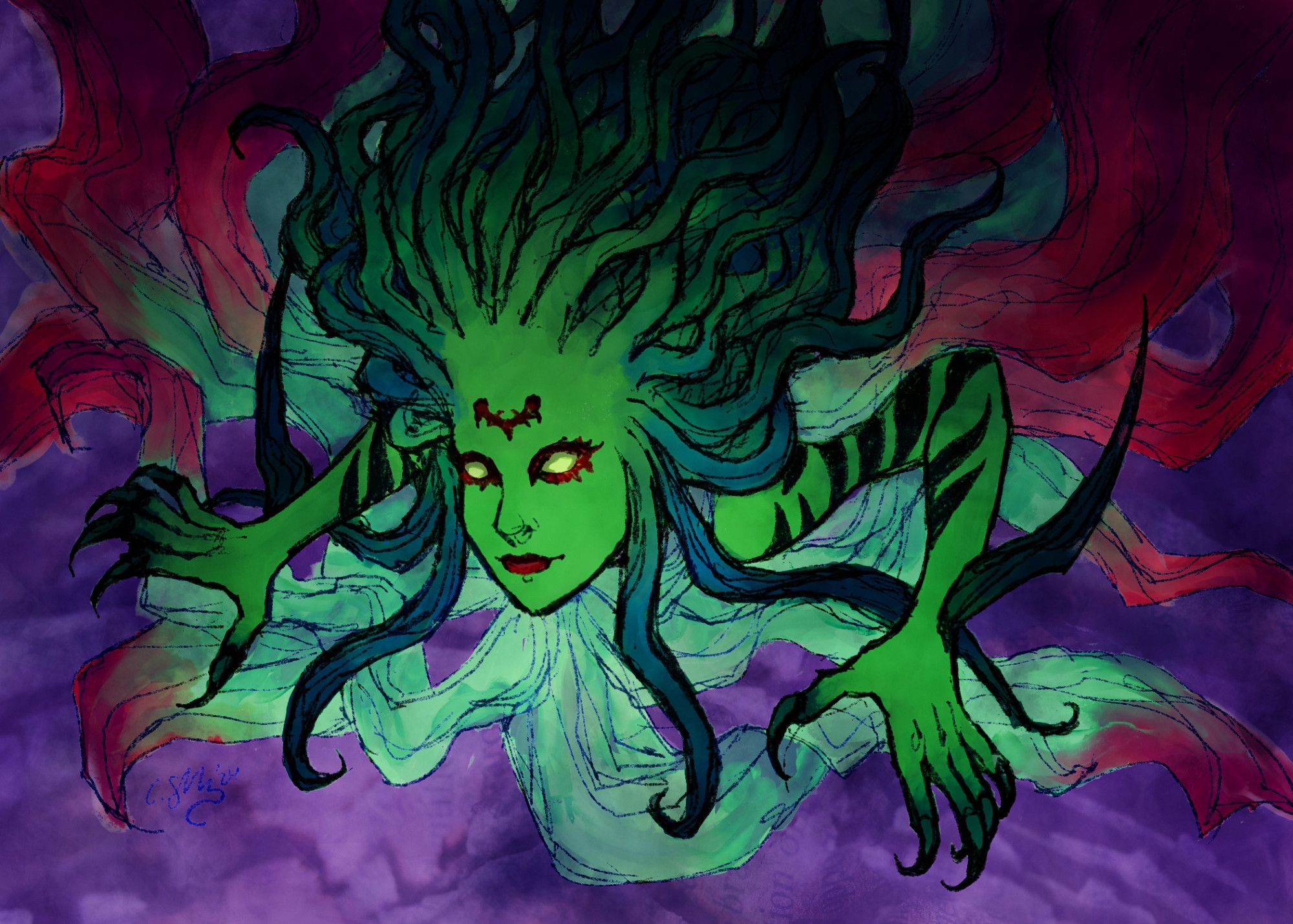 A loose colored drawing of The Cloud of Darkness, in her nebulous green-skinned form in the World of Darkness alliance raid from FF14. Her hair appears to be tentacles and the lower half of her body dissolves into what looks like tattered ribbons.