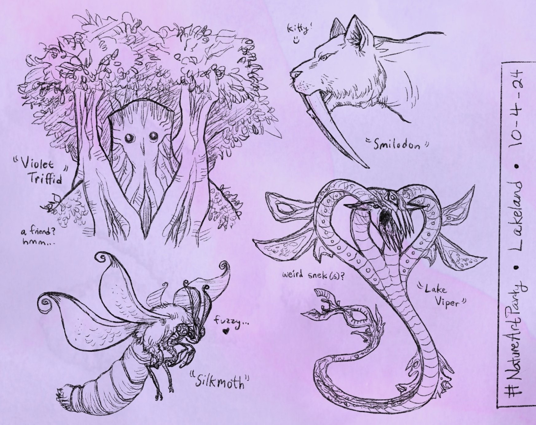 A group of doodles on a lavender background from various creatures around Lakeland in FFXIV.